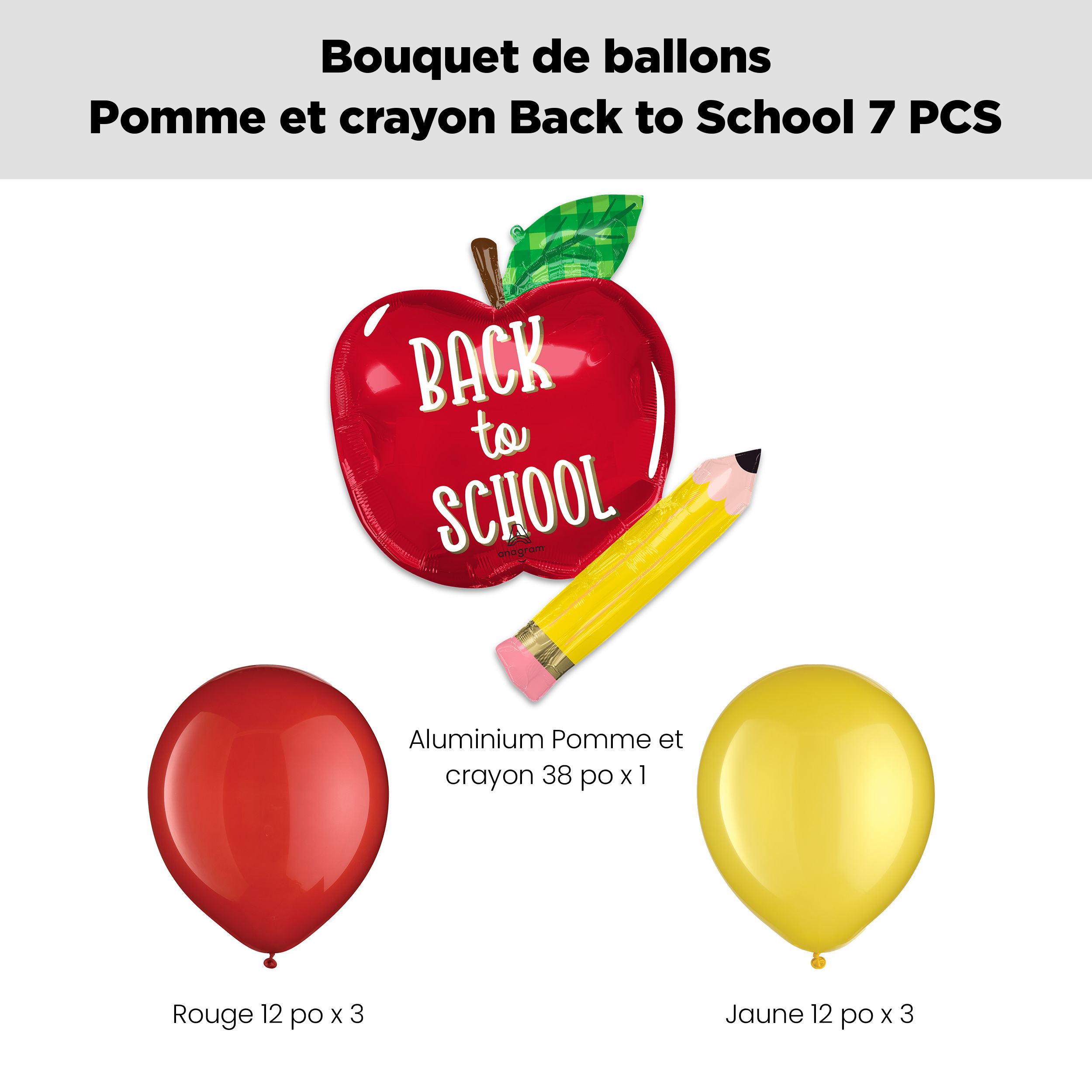 Bouquet de ballons de forme extraordinaire sur le thème de la rentrée des classes dotés d’une image de pomme et de crayon avec ballons en latex rouges et jaunes, paq. 7, gonflage à l’hélium et ruban compris Front_Flat