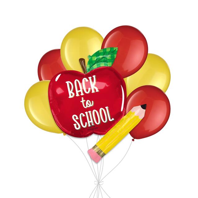 Bouquet de ballons de forme extraordinaire sur le thème de la rentrée des classes dotés d’une image de pomme et de crayon avec ballons en latex rouges et jaunes, paq. 7, gonflage à l’hélium et ruban compris Front_Flat