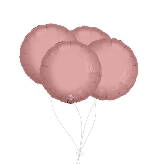 Round Foil Balloon Bouquet, Rose Gold, 4-pk, Helium Inflation & Ribbon Included for Birthday/Special Occasion Front_Flat