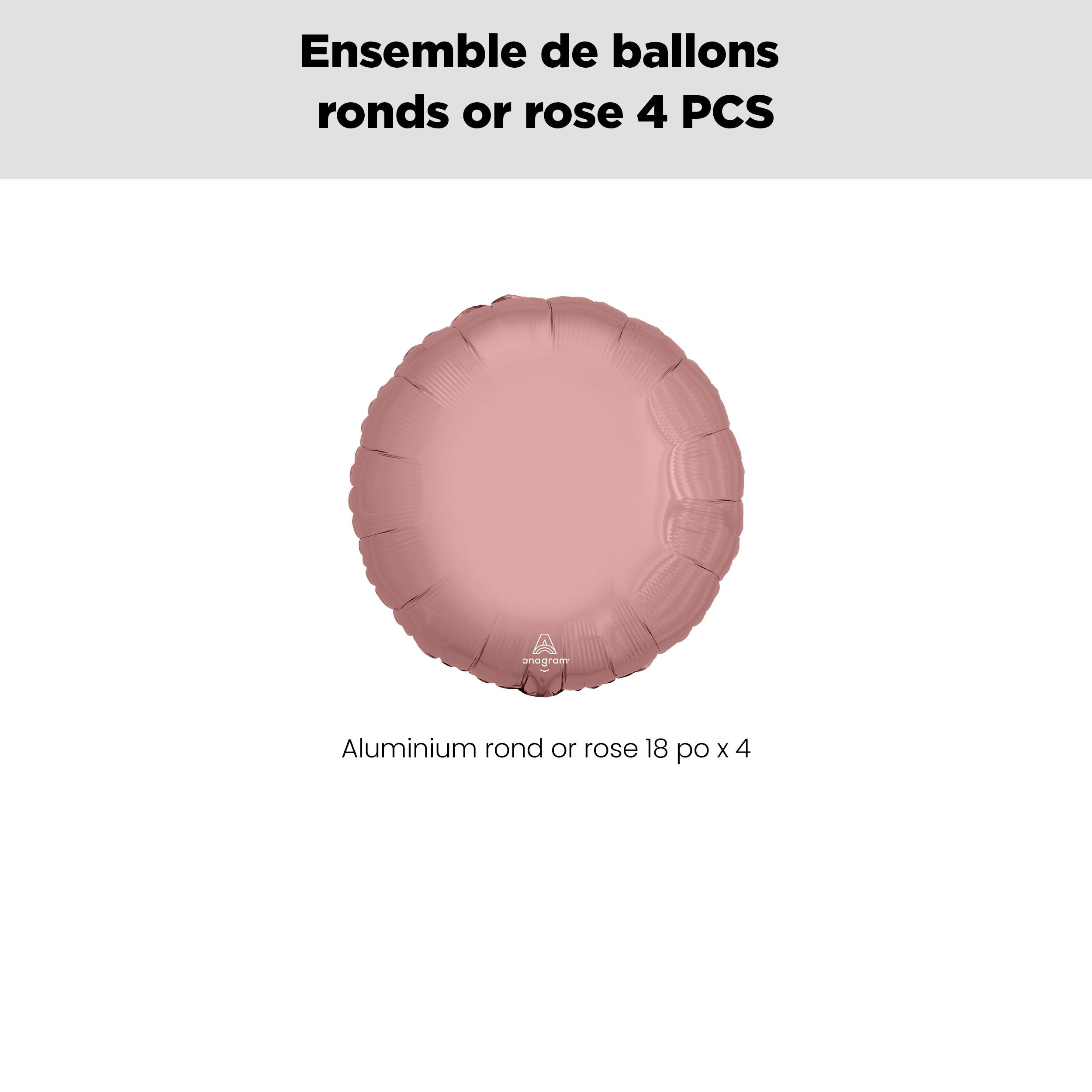 Bouquet de ballons en aluminium de forme ronde, or rose, paq.&nbsp;4, gonflage à l'hélium et ruban inclus pour anniversaire/occasion spéciale Front_Flat