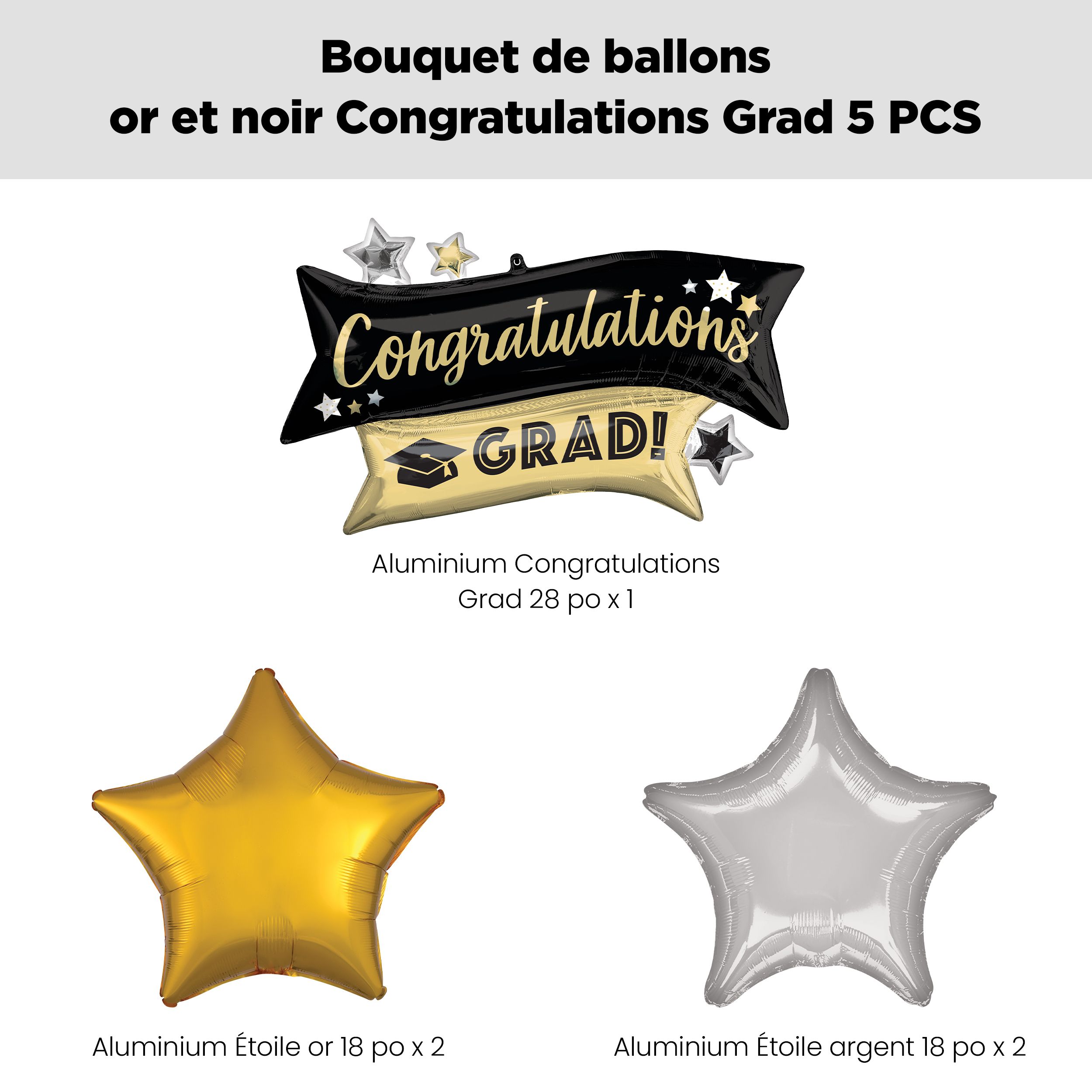 Bouquet de ballons en forme super «&nbsp;Congrats Grad!&nbsp;» avec ballons étoiles en aluminium dorés, noirs et argentés, paq. 5, gonflage à l’hélium et ruban inclus Front_Flat