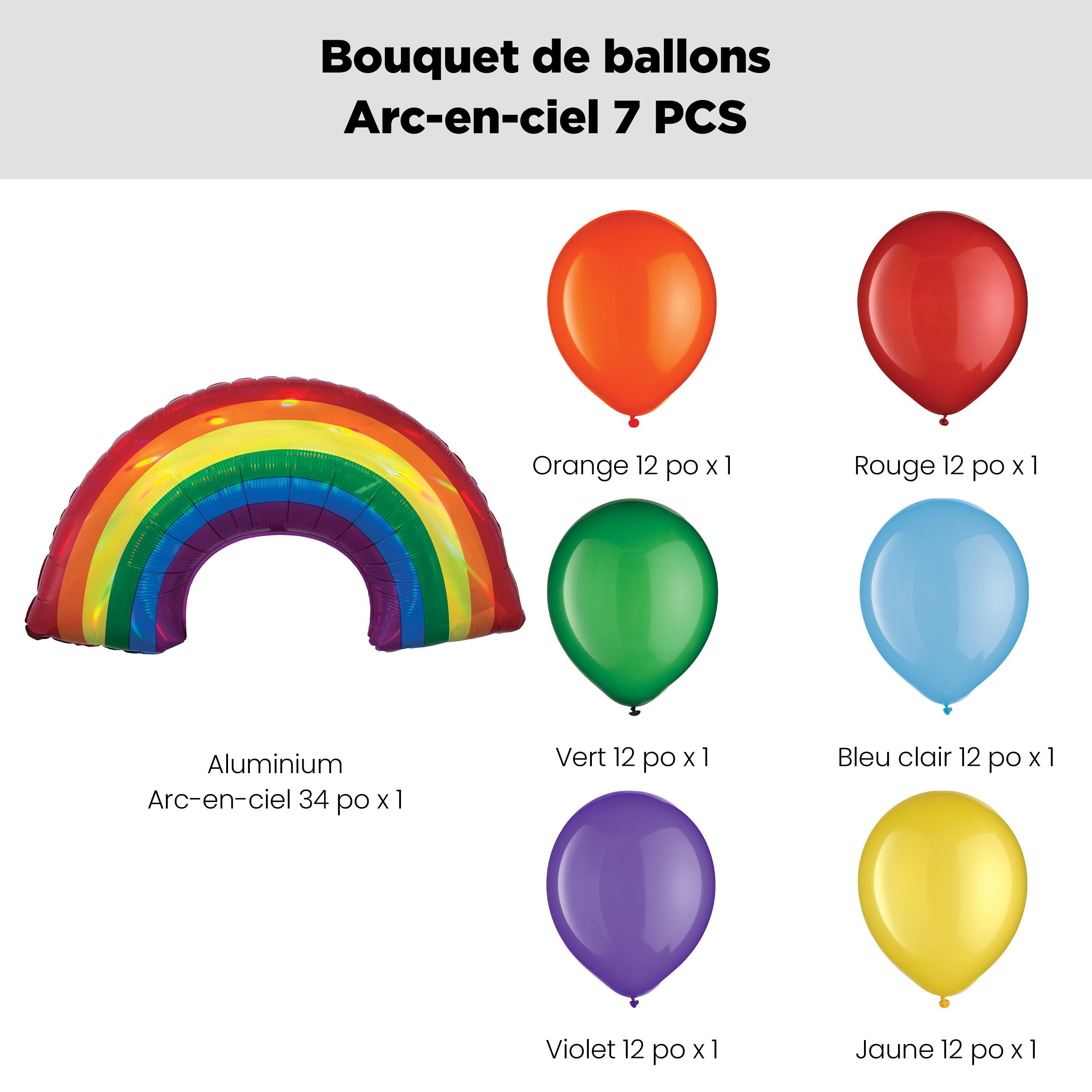 Bouquet de ballons en forme super arc-en-ciel avec ballons en latex, couleurs arc-en-ciel, paq. 7, gonflage à l’hélium et ruban inclus Front_Flat