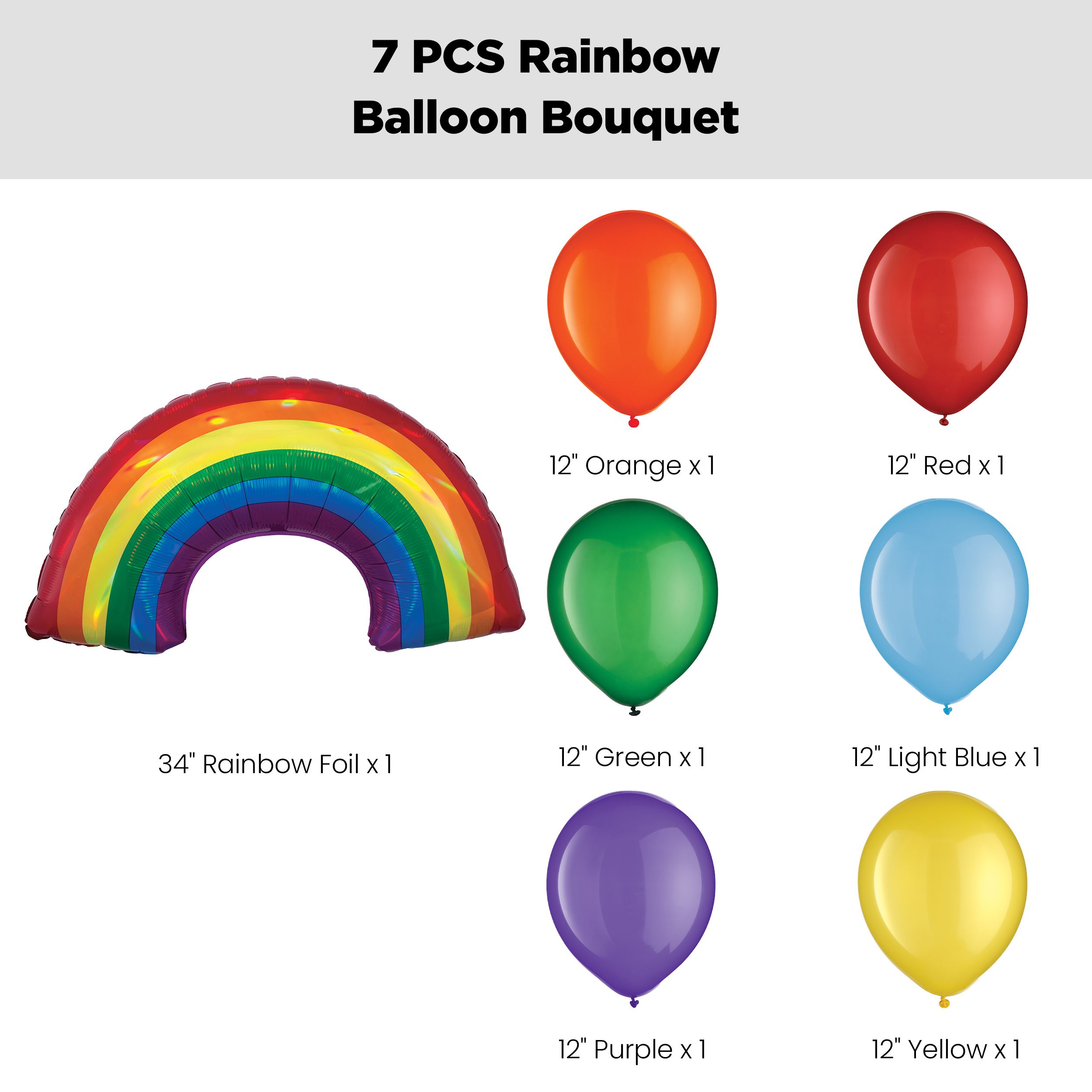 Rainbow Supershape Balloon Bouquet with Latex Balloons, Rainbow Colour, 7-pk, Helium Inflation & Ribbon Included Front_Flat