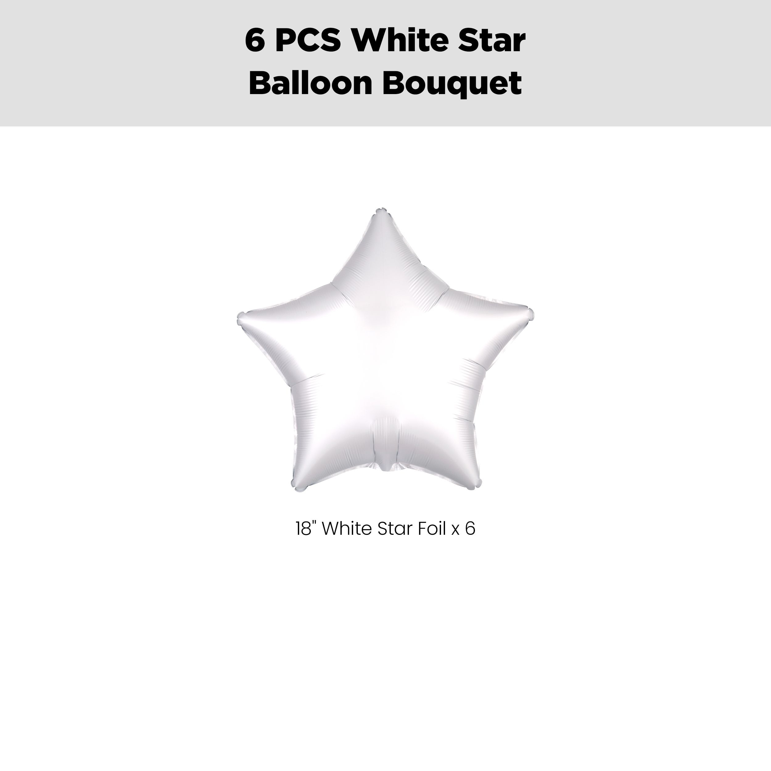Star Foil Balloon Bouquet, White, 6-pk, Helium Inflation & Ribbon Included for Birthday/Special Occasion Front_Flat