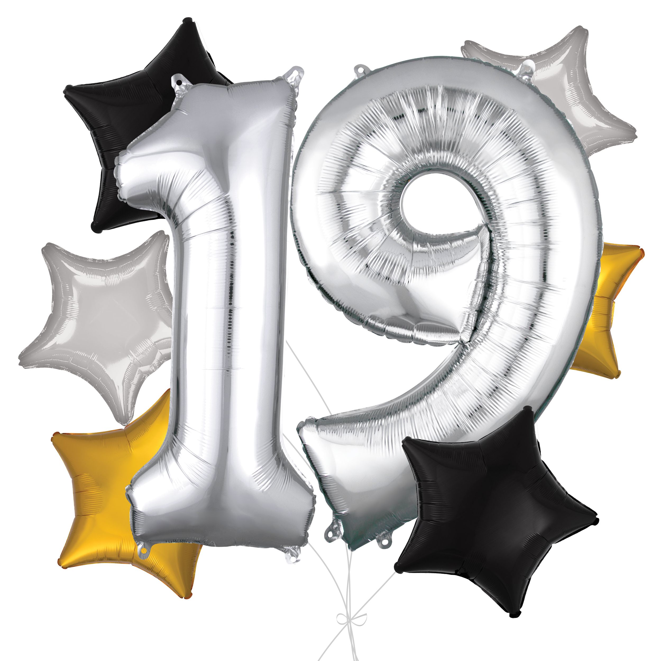 Bouquet de ballons, chiffre 19 argenté avec ballons en aluminium en forme d'étoile, argent/noir/or, paq. 8, gonflage à l'hélium et ruban inclus pour anniversaire Front_Flat