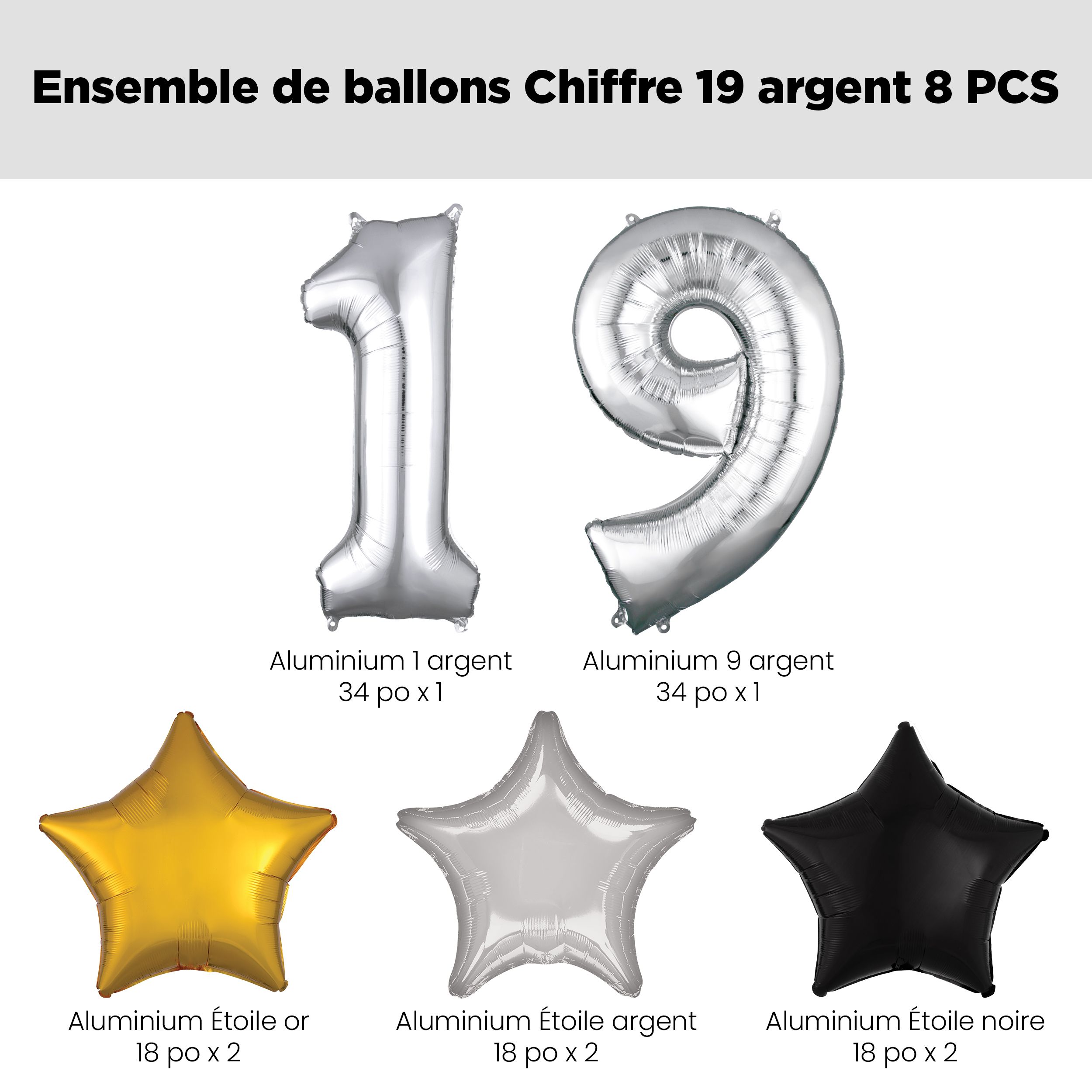 Bouquet de ballons, chiffre 19 argenté avec ballons en aluminium en forme d'étoile, argent/noir/or, paq. 8, gonflage à l'hélium et ruban inclus pour anniversaire Front_Flat