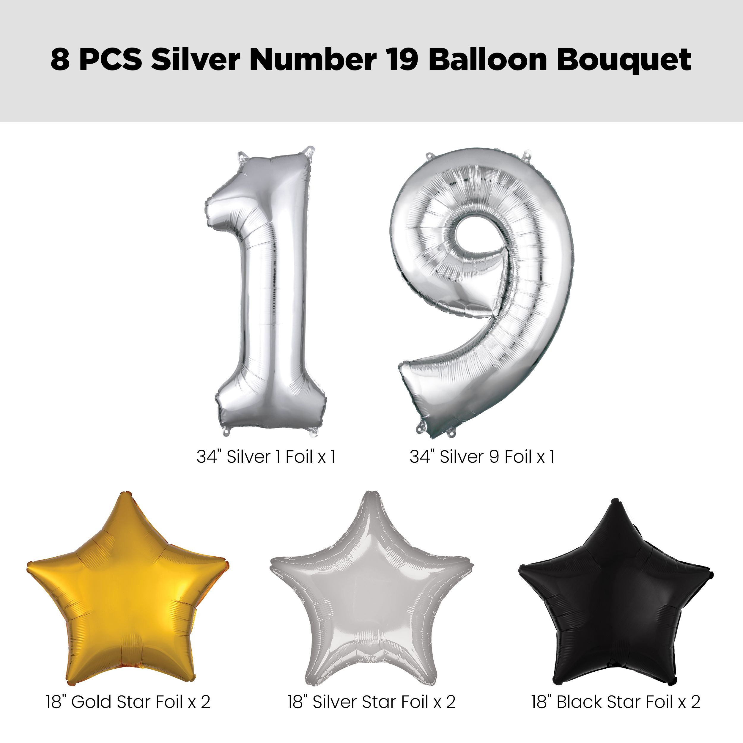 Number "19" Silver Balloon Bouquet with Star Foil Balloons, Silver/Black/Gold, 8-pk, Helium Inflation & Ribbon Included for Birthday Front_Flat