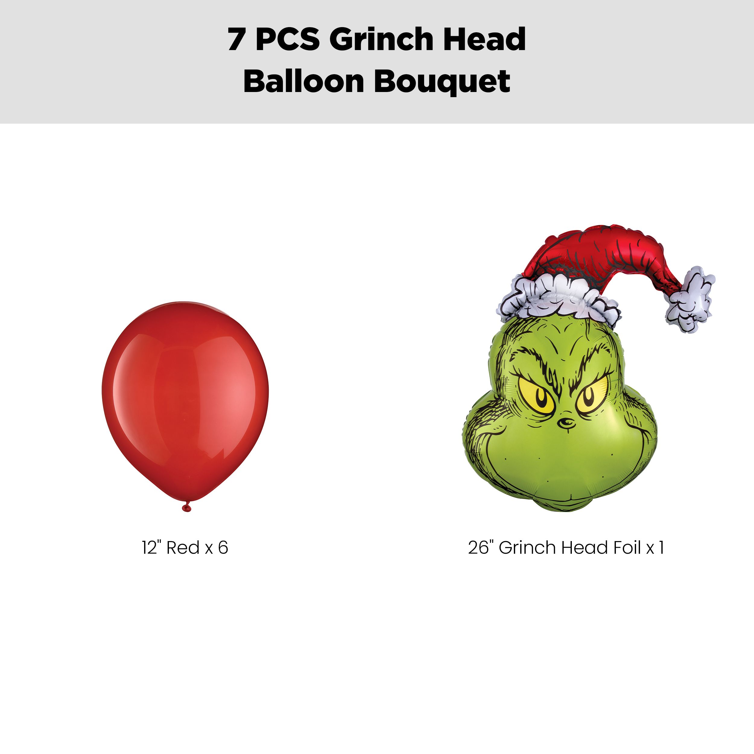 Grinch Supershape Balloon Bouquet with Latex Balloons, Red, 7-pk, Helium Inflation & Ribbon Included for Christmas/Winter Party Front_Flat