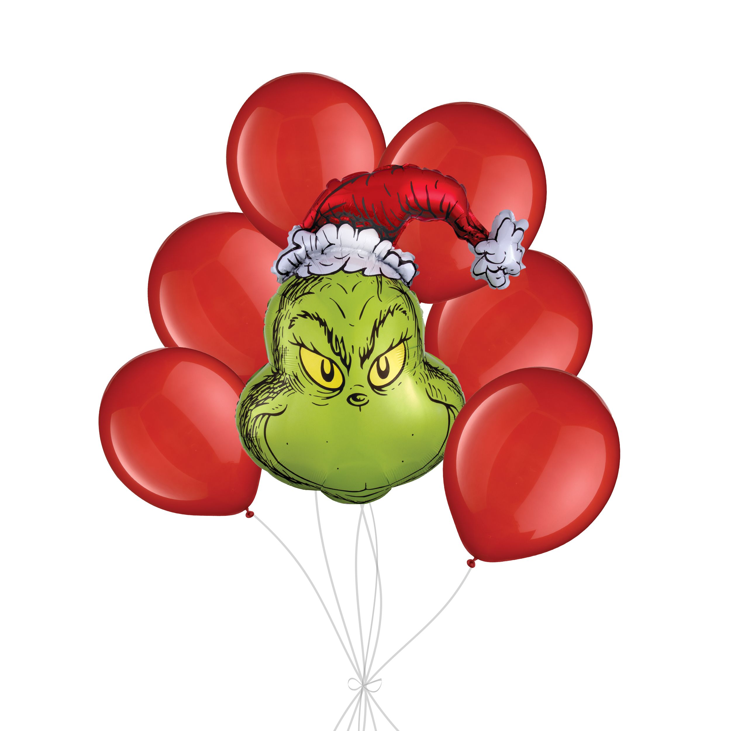 Grinch Supershape Balloon Bouquet with Latex Balloons, Red, 7-pk, Helium Inflation & Ribbon Included for Christmas/Winter Party Front_Flat