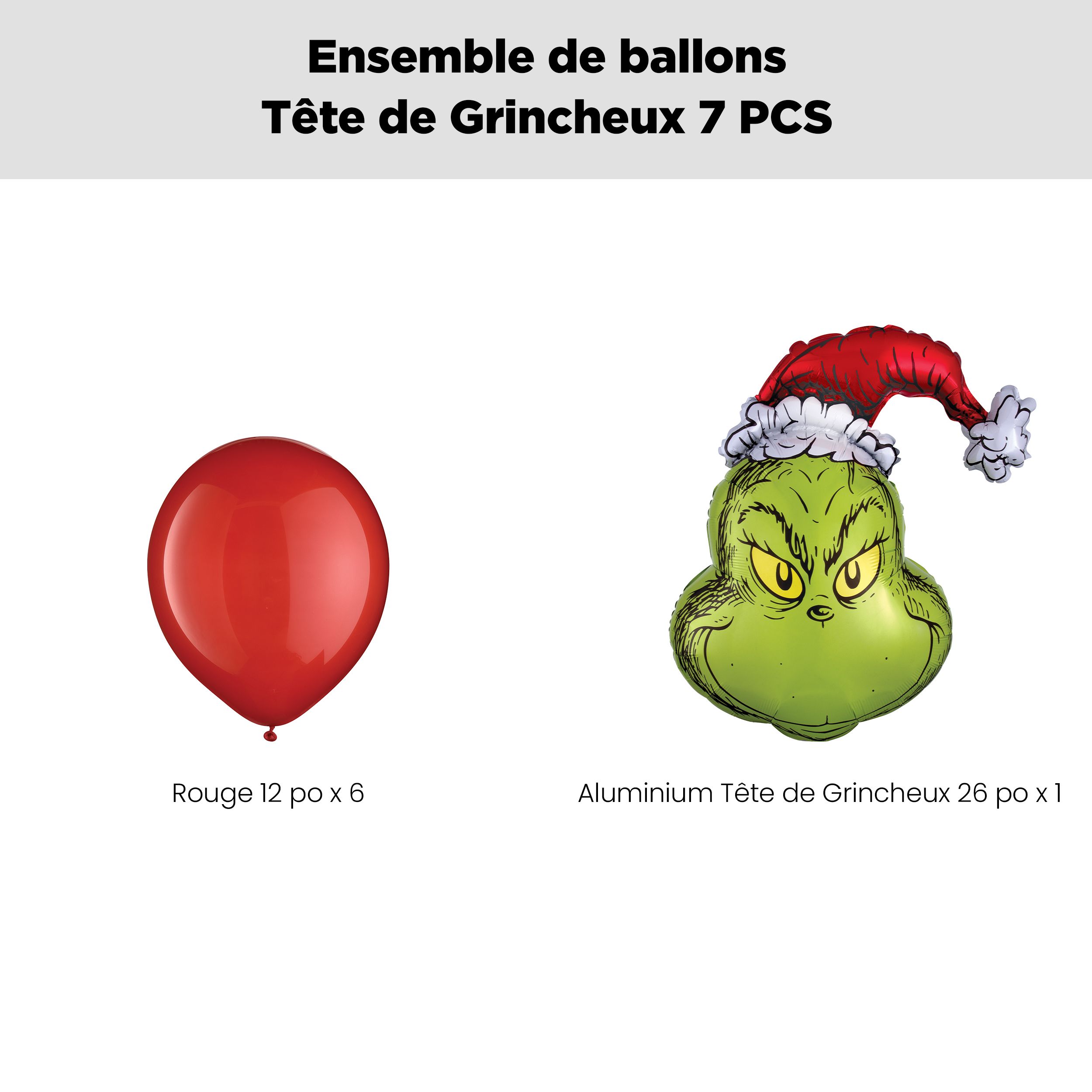 Bouquet de ballon géant en forme du Grincheux avec ballons en latex rouges, 7&nbsp;pièces, gonflement à l’hélium et ruban inclus pour Noël/fête d’hiver Front_Flat