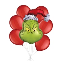Grinch Supershape Balloon Bouquet with Latex Balloons, Red, 7-pk, Helium Inflation & Ribbon Included for Christmas/Winter Party