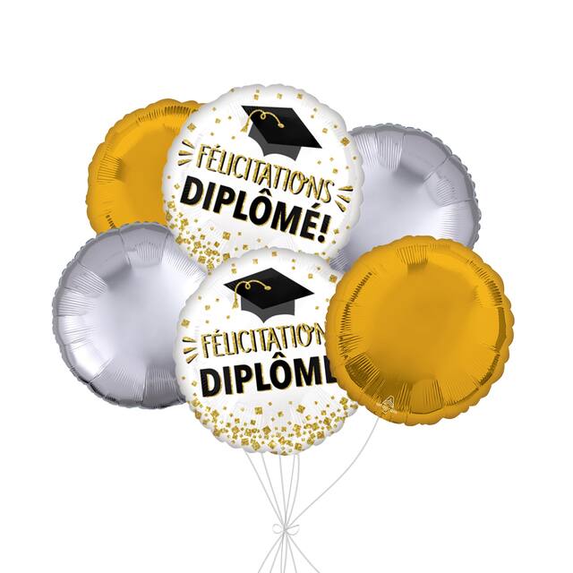 Bouquet de ballons scintillants « Félicitations Diplôme! » « Congrats Grad! » avec ballons ronds en latex dorés et argentés, paq. 6, gonflage à l’hélium et ruban inclus Front_Flat