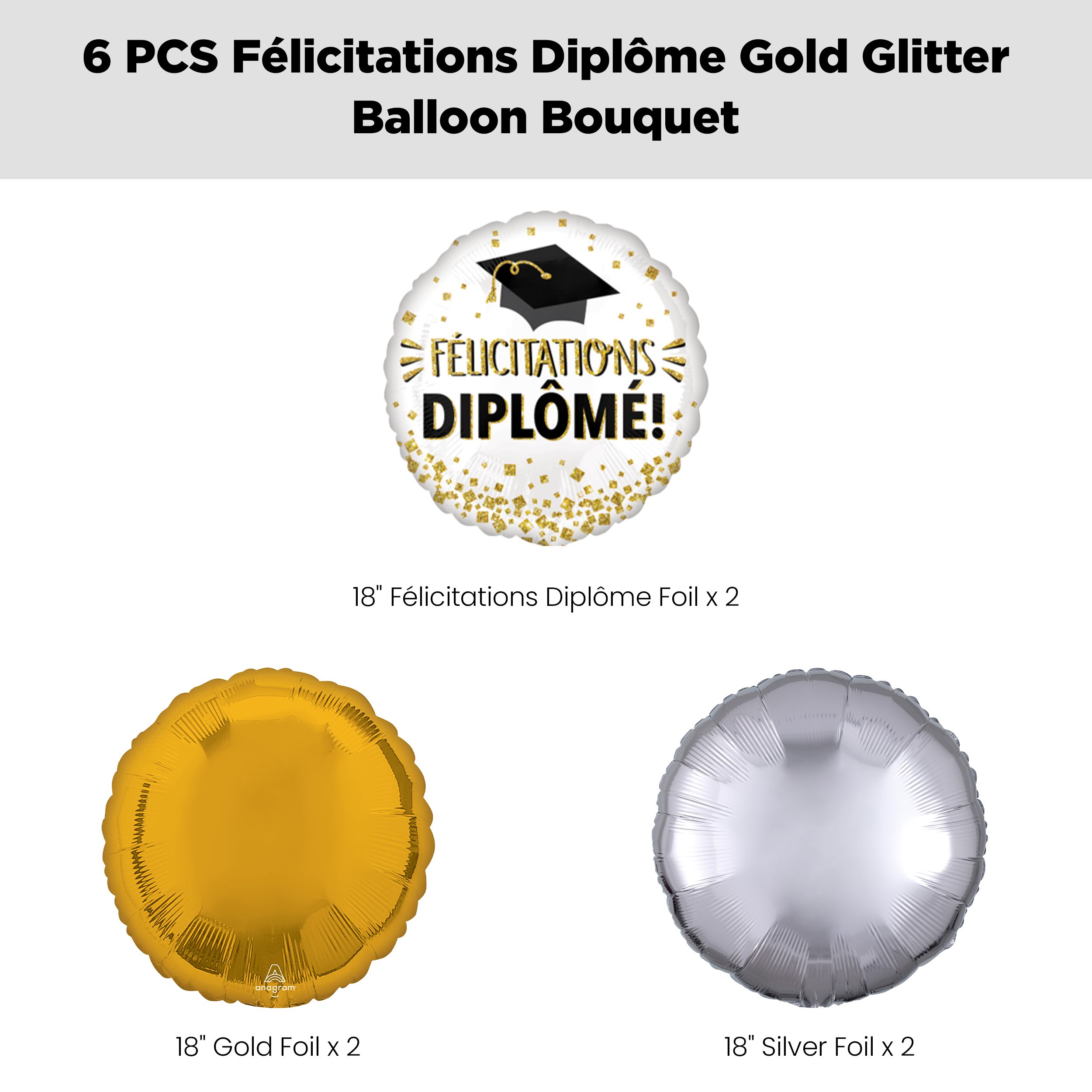 “Félicitations Diplôme!” French Congratulations Grad! Glitter Balloon Bouquet with Round Foil Balloons, Gold/Silver, 6-pk, Helium Inflation & Ribbon Included Front_Flat
