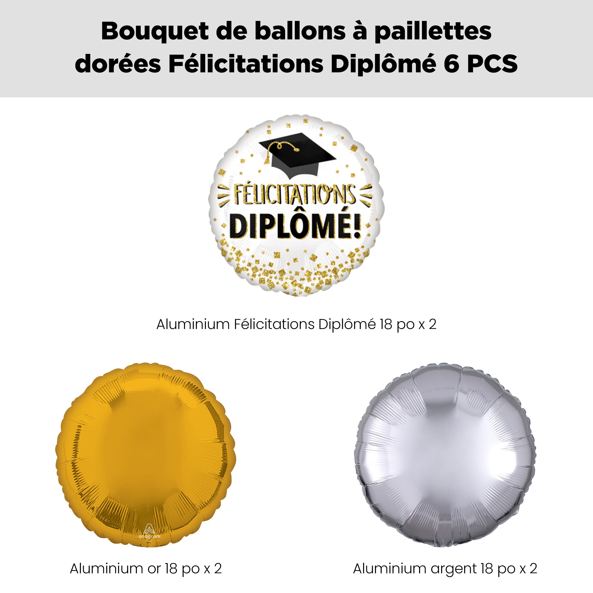 Bouquet de ballons scintillants «&nbsp;Félicitations Diplôme!&nbsp;» «&nbsp;Congrats Grad!&nbsp;» avec ballons ronds en latex dorés et argentés, paq. 6, gonflage à l’hélium et ruban inclus Front_Flat