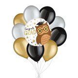 “Congrats Grad” Owl Balloon Bouquet with Latex Balloons, Black/Gold/Silver, 10-pk, Helium Inflation & Ribbon Included Front_Flat
