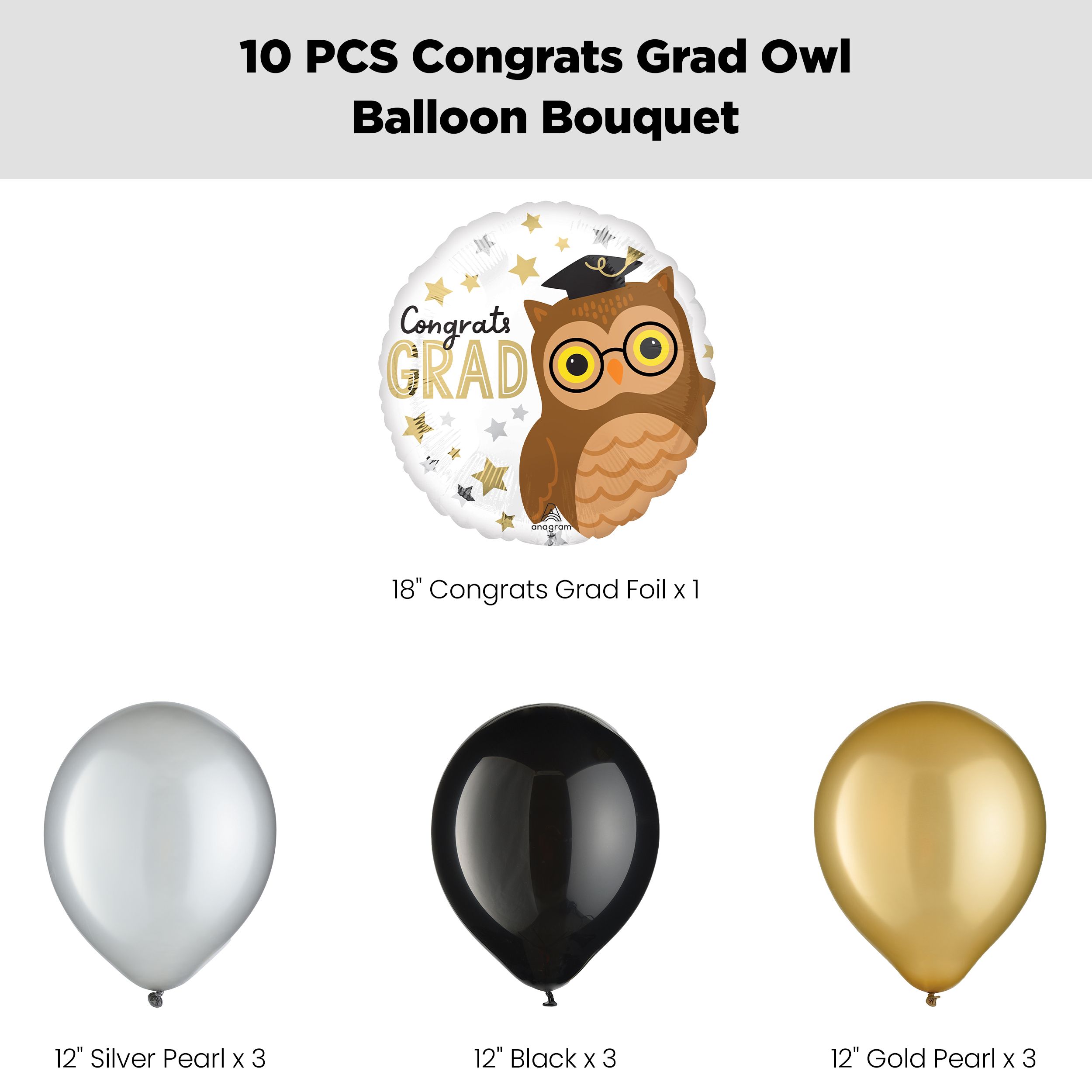 “Congrats Grad” Owl Balloon Bouquet with Latex Balloons, Black/Gold/Silver, 10-pk, Helium Inflation & Ribbon Included Front_Flat