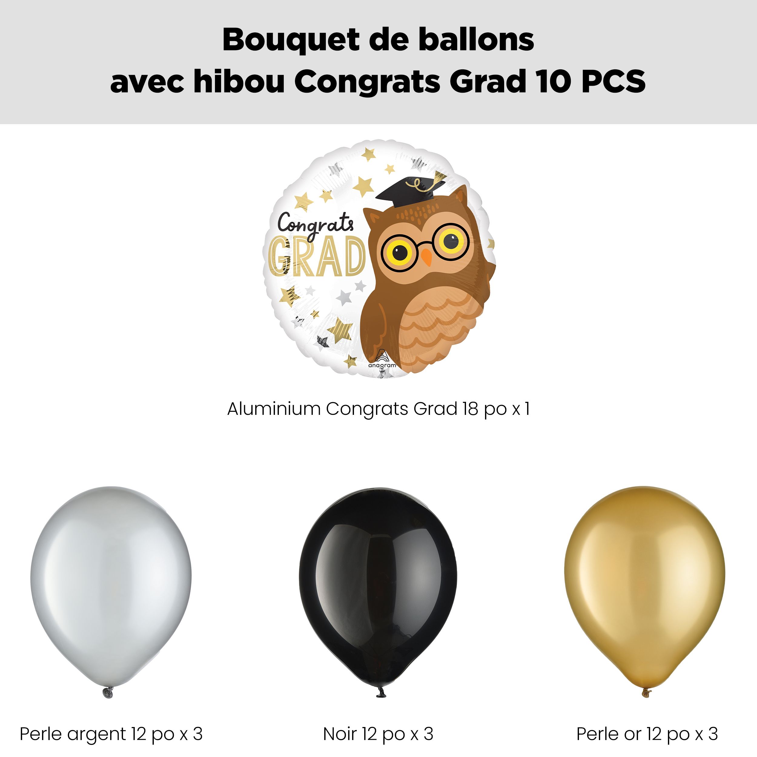 Bouquet de ballons «&nbsp;Congrats Grad!&nbsp;» avec motif hibou avec ballons en latex noirs, dorés et argentés, paq. 10, gonflage à l’hélium et ruban inclus Front_Flat