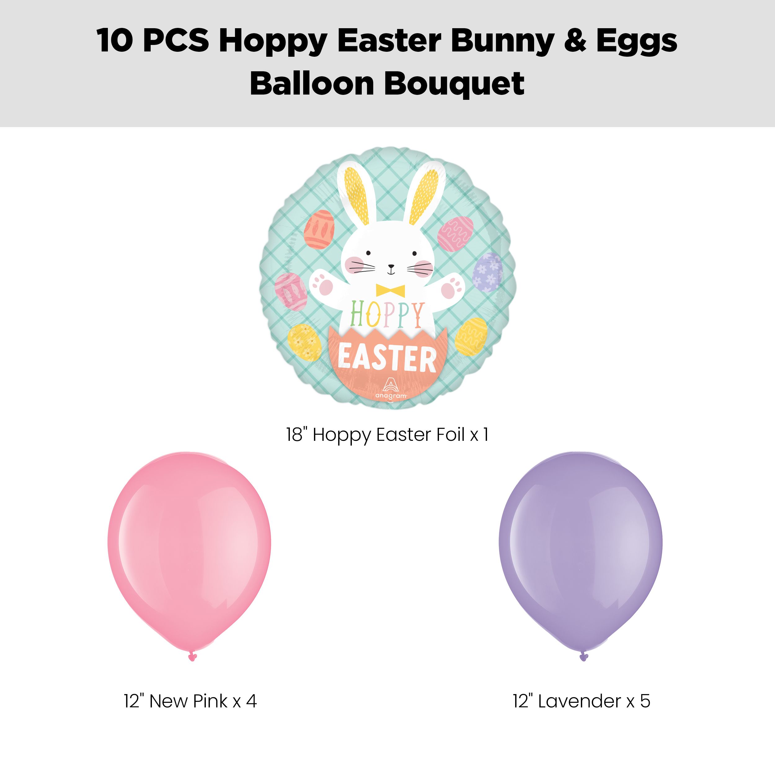 "Hoppy Easter" Bunny Eggs Balloon Bouquet with Latex Balloons, Lavender/Pink, 10-pk, Helium Inflation & Ribbon Included Front_Flat