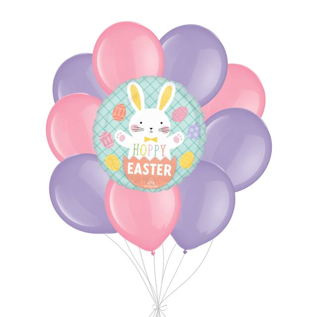 Bouquet de ballons « Hoppy Easter » œuf lapin de Pâques et ballons en latex, lavande/rose, paq. 10, gonflage à l'hélium et ruban inclus Front_Flat