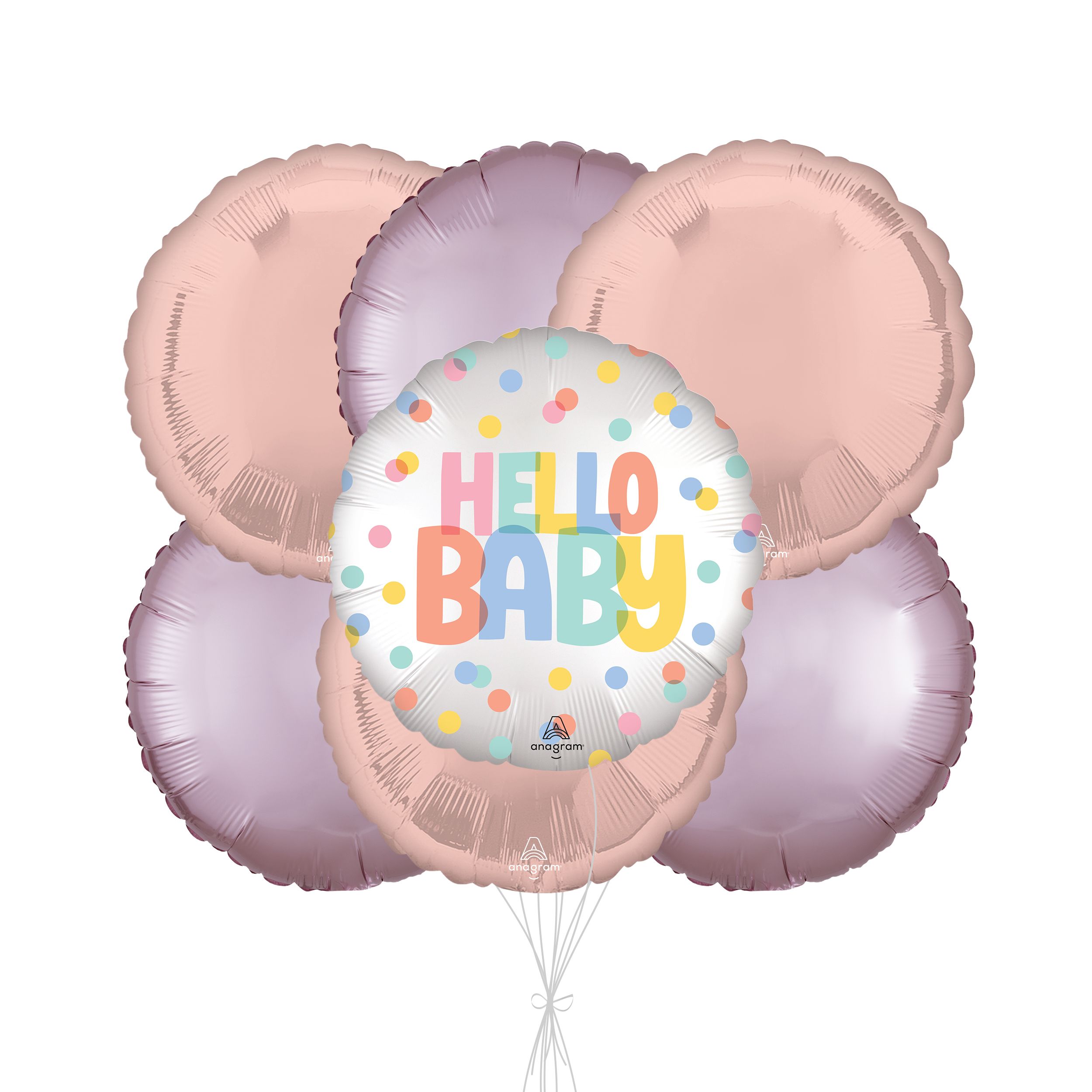 "Hello Baby" Satin Modern Balloon Bouquet with Round Foil Balloons, Pink/Pastel Pink, 7-pk, Helium Inflation & Ribbon Included Front_Flat