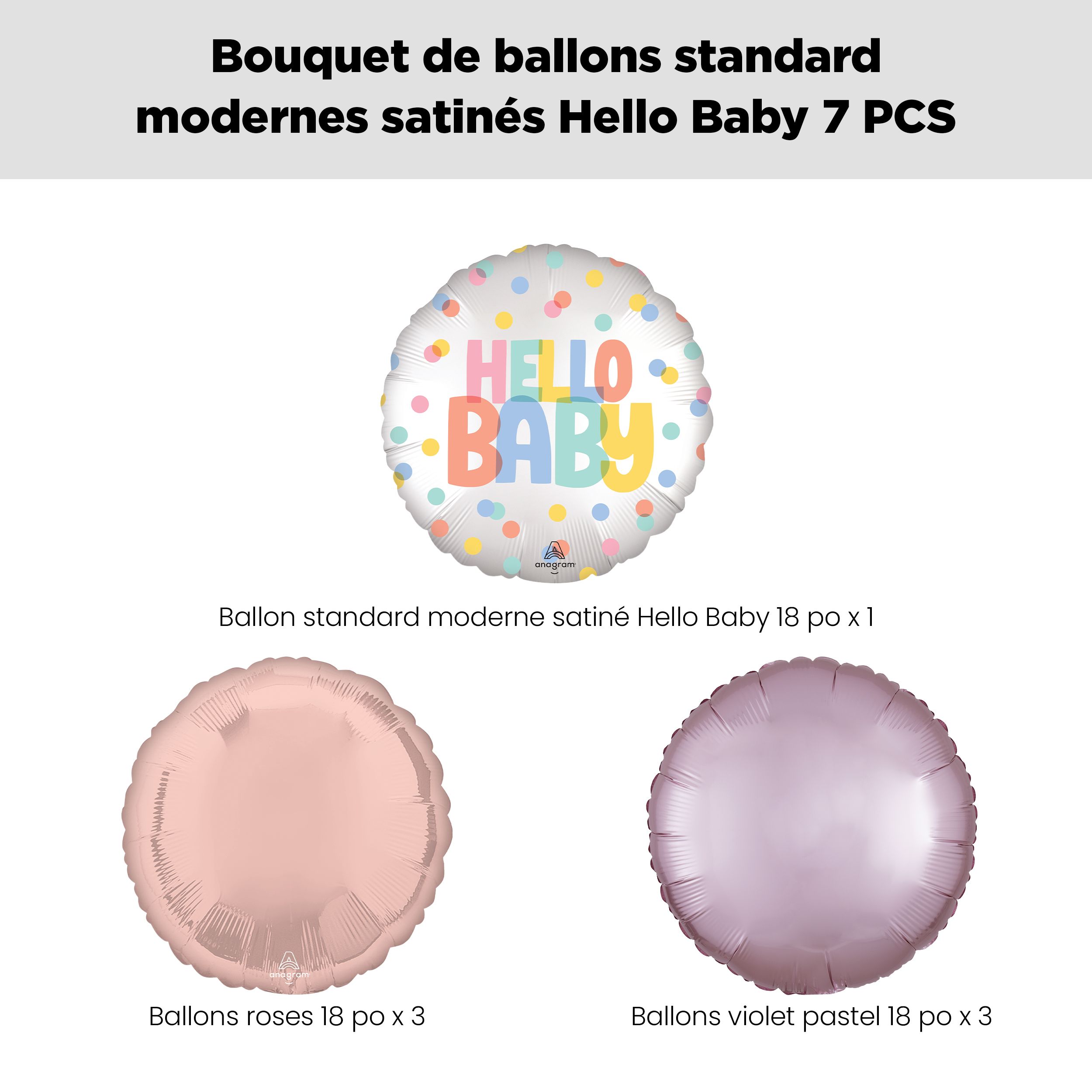Bouquet de ballons avec ballon satin moderne « Hello Baby » et ballons ronds en aluminium, rose, rose pastel, paq. 7, gonflage à l’hélium et ruban compris Front_Flat
