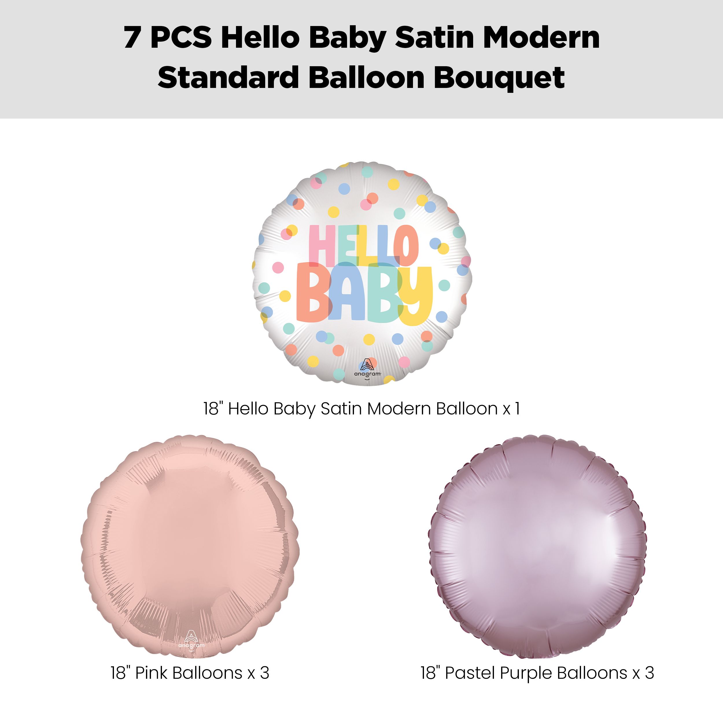 "Hello Baby" Satin Modern Balloon Bouquet with Round Foil Balloons, Pink/Pastel Pink, 7-pk, Helium Inflation & Ribbon Included Front_Flat