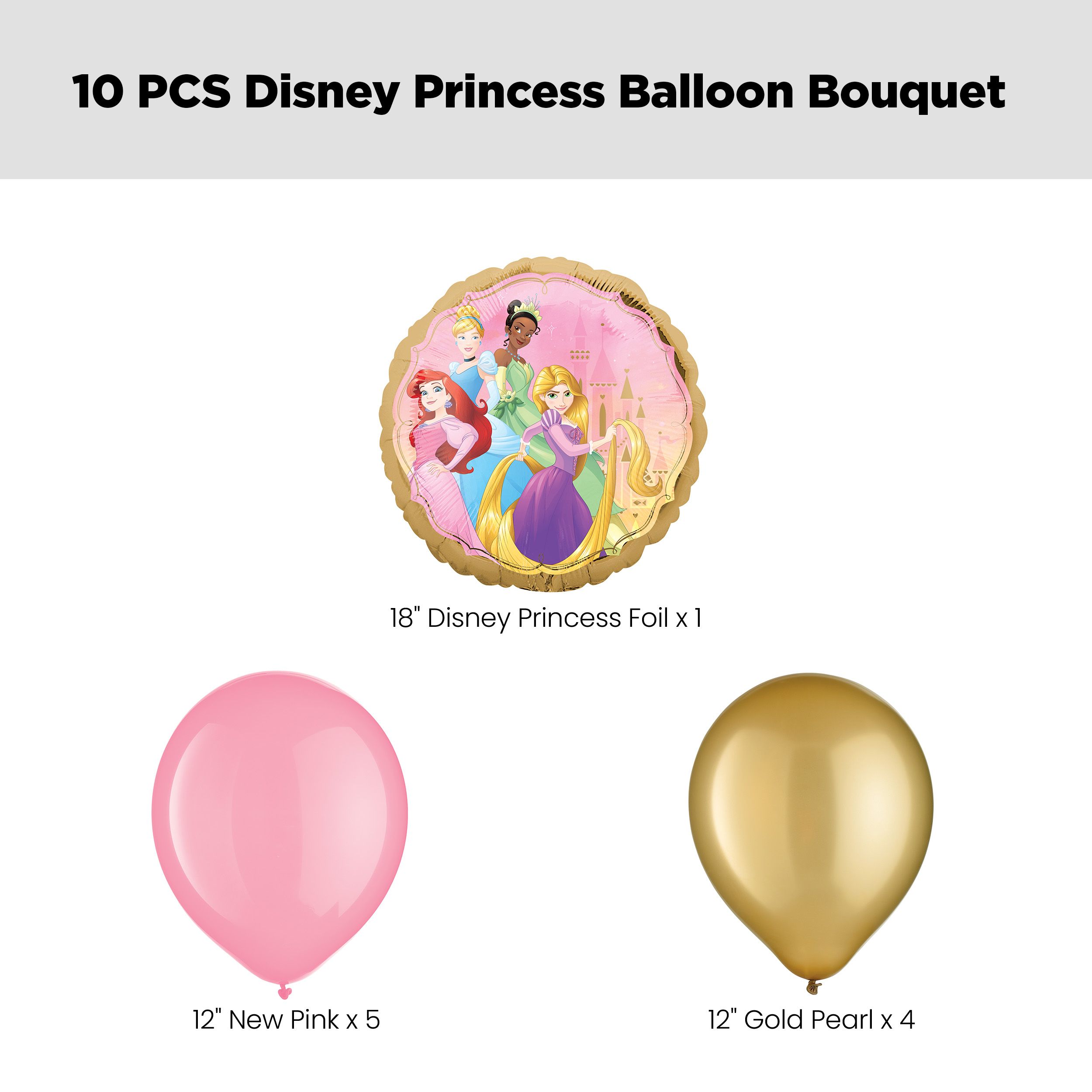 Disney Princess Balloon Bouquet with Latex Balloons, New Pink/Gold, 10-pk, Helium Inflation & Ribbon Included for Kids’ Birthday Front_Flat