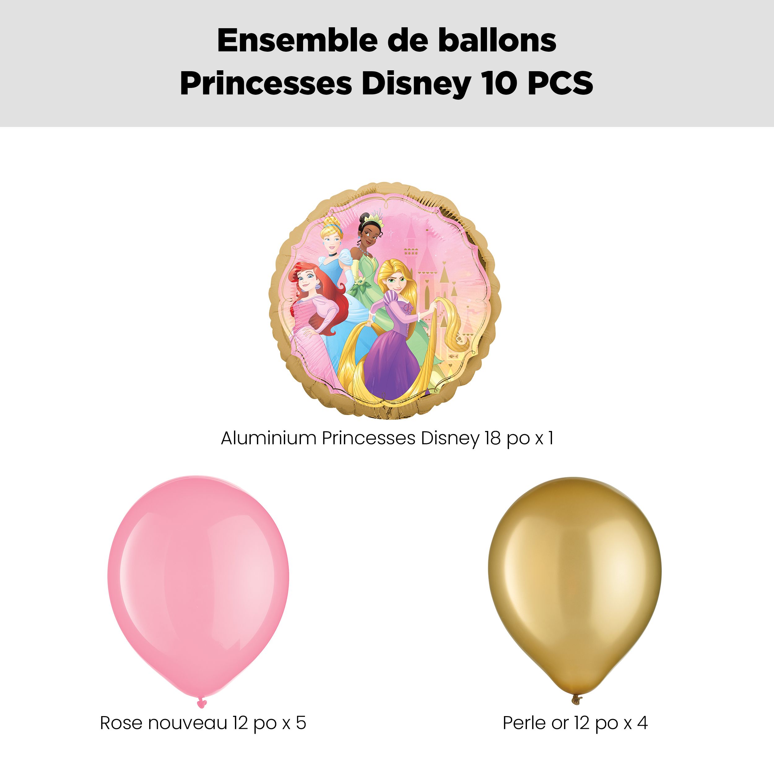 Bouquet de ballon Princesses Disney avec ballons en latex nouveau rose et dorés, 10 pièces, gonflement à l’hélium et ruban inclus, pour fête d’anniversaire d’enfant Front_Flat