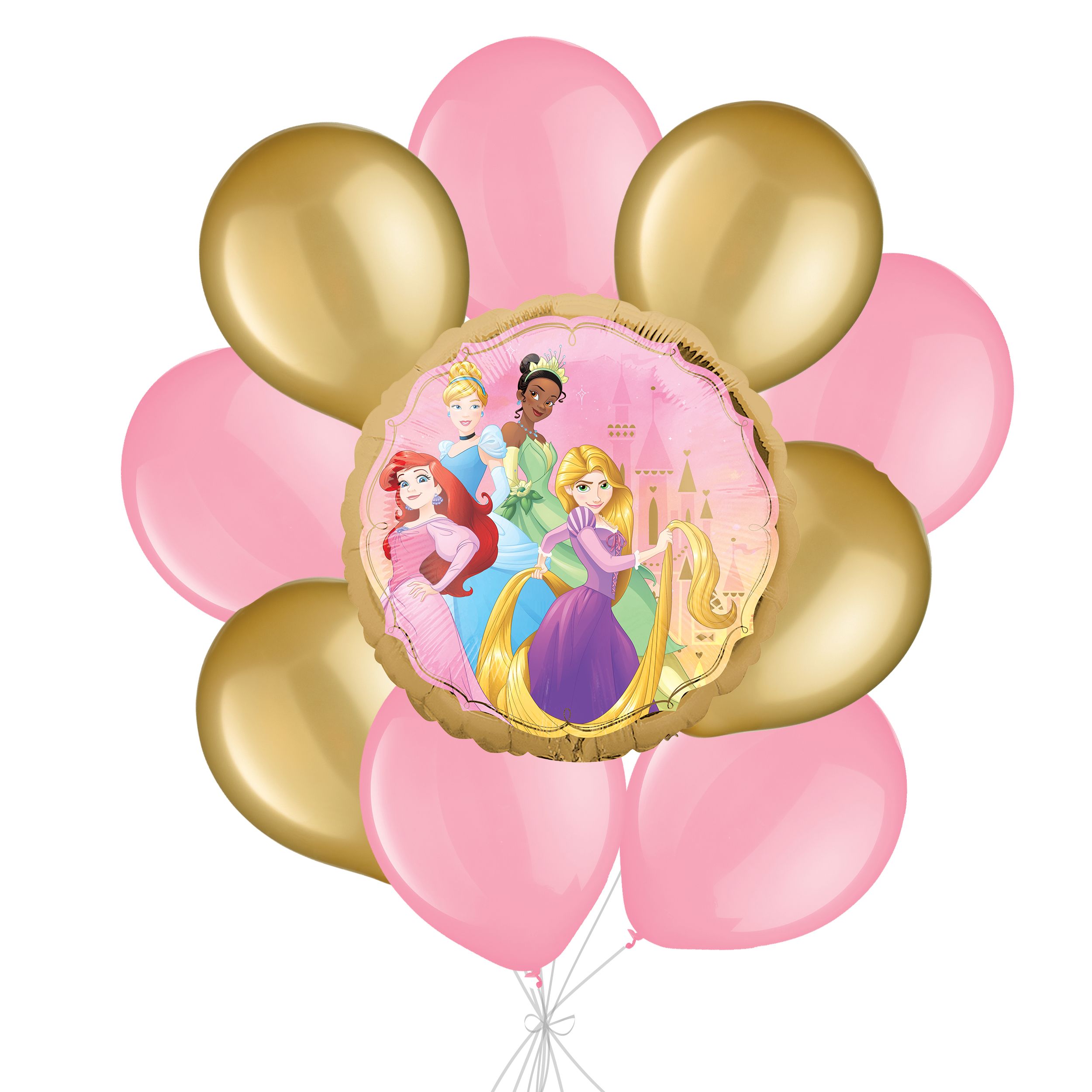 Bouquet de ballon Princesses Disney avec ballons en latex nouveau rose et dorés, 10 pièces, gonflement à l’hélium et ruban inclus, pour fête d’anniversaire d’enfant Front_Flat