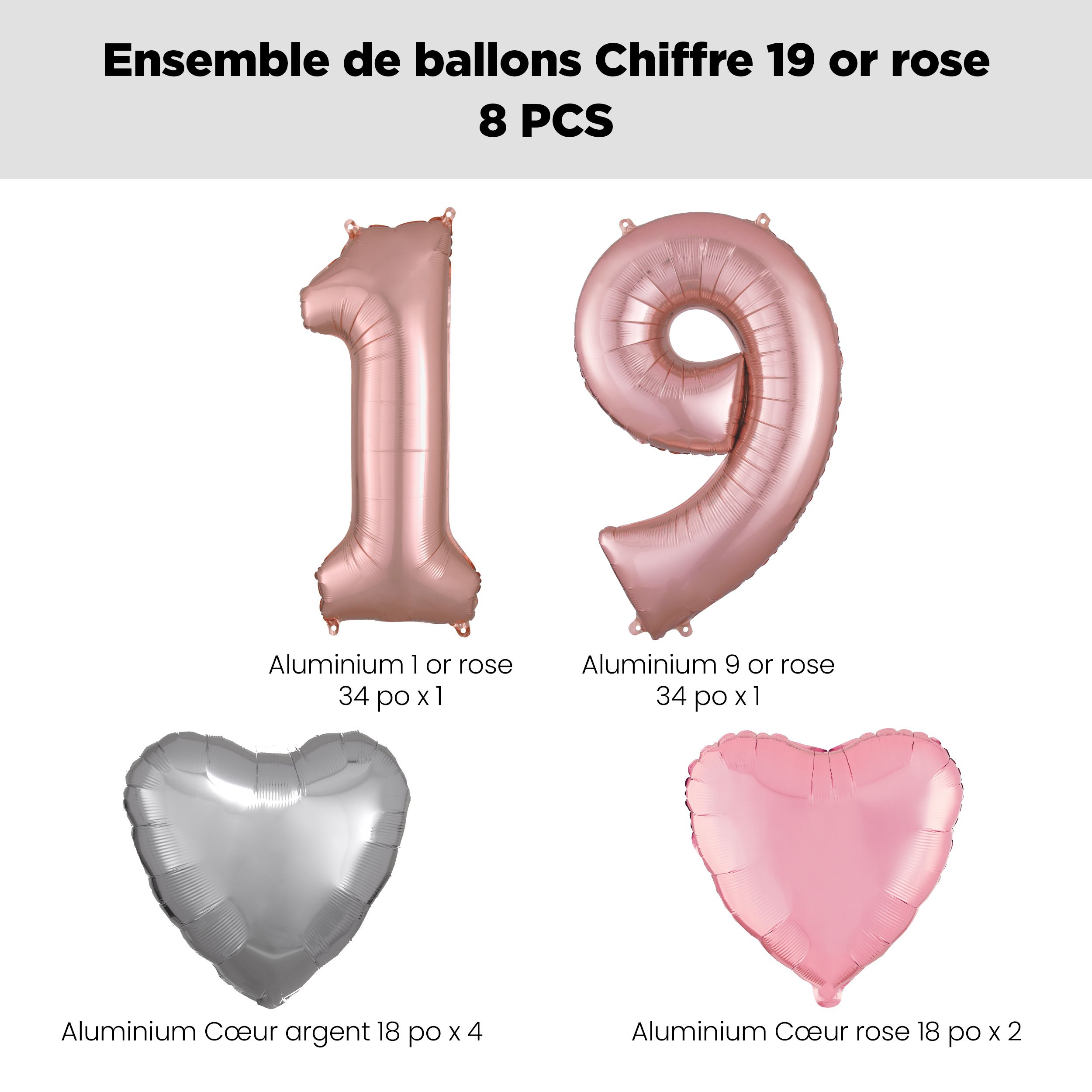 Bouquet de ballons, chiffre 19 or rose avec ballons en aluminium en forme de coeur, argent/rose, paq. 8, gonflage à l'hélium et ruban inclus pour anniversaire Front_Flat