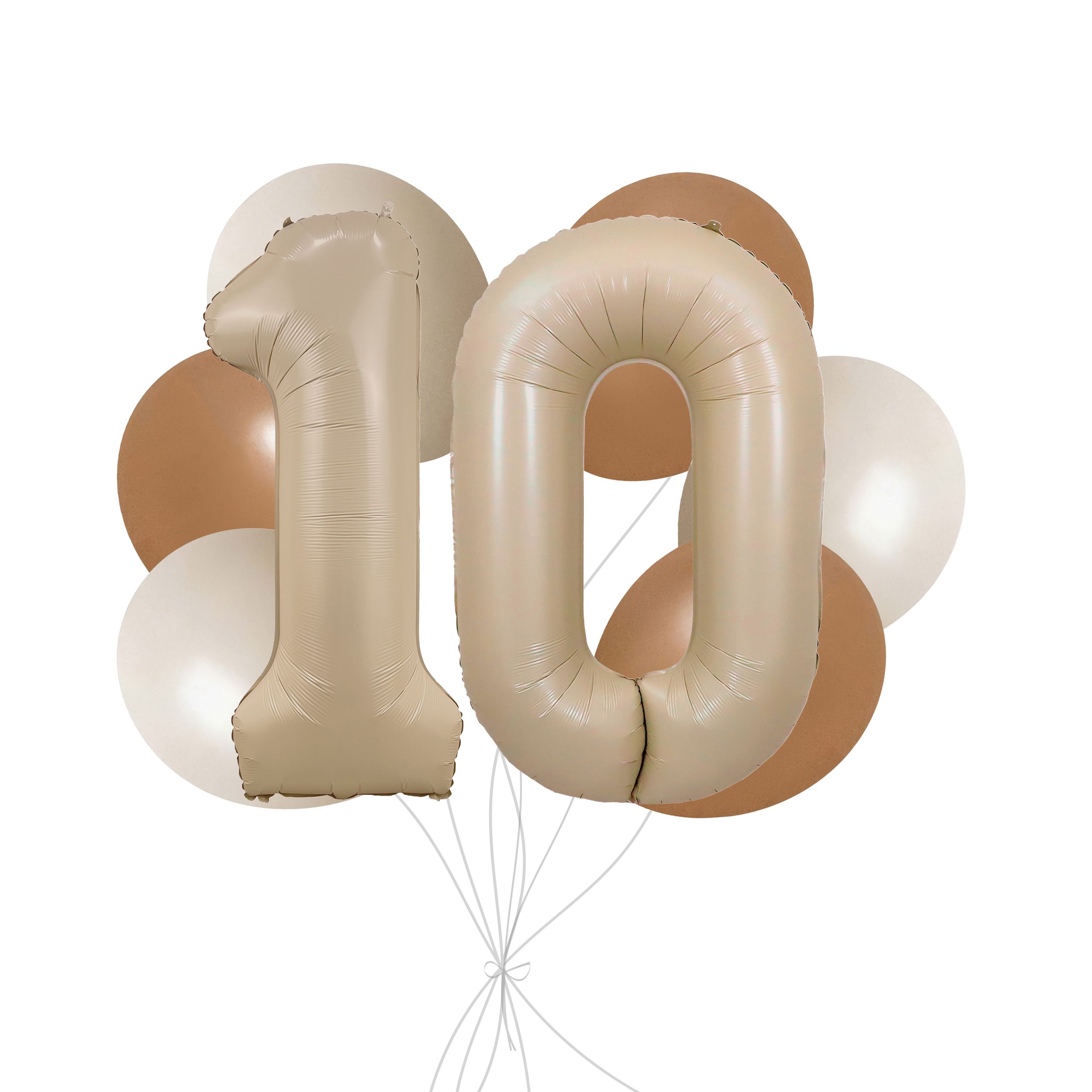 Bouquet de ballons avec ballons Supershape en forme du chiffre&nbsp;10, havane mat, et ballons en latex, sable blanc et kaki, paq. 8, gonflage à l’hélium et ruban compris, pour anniversaire/occasion spéciale Front_Flat