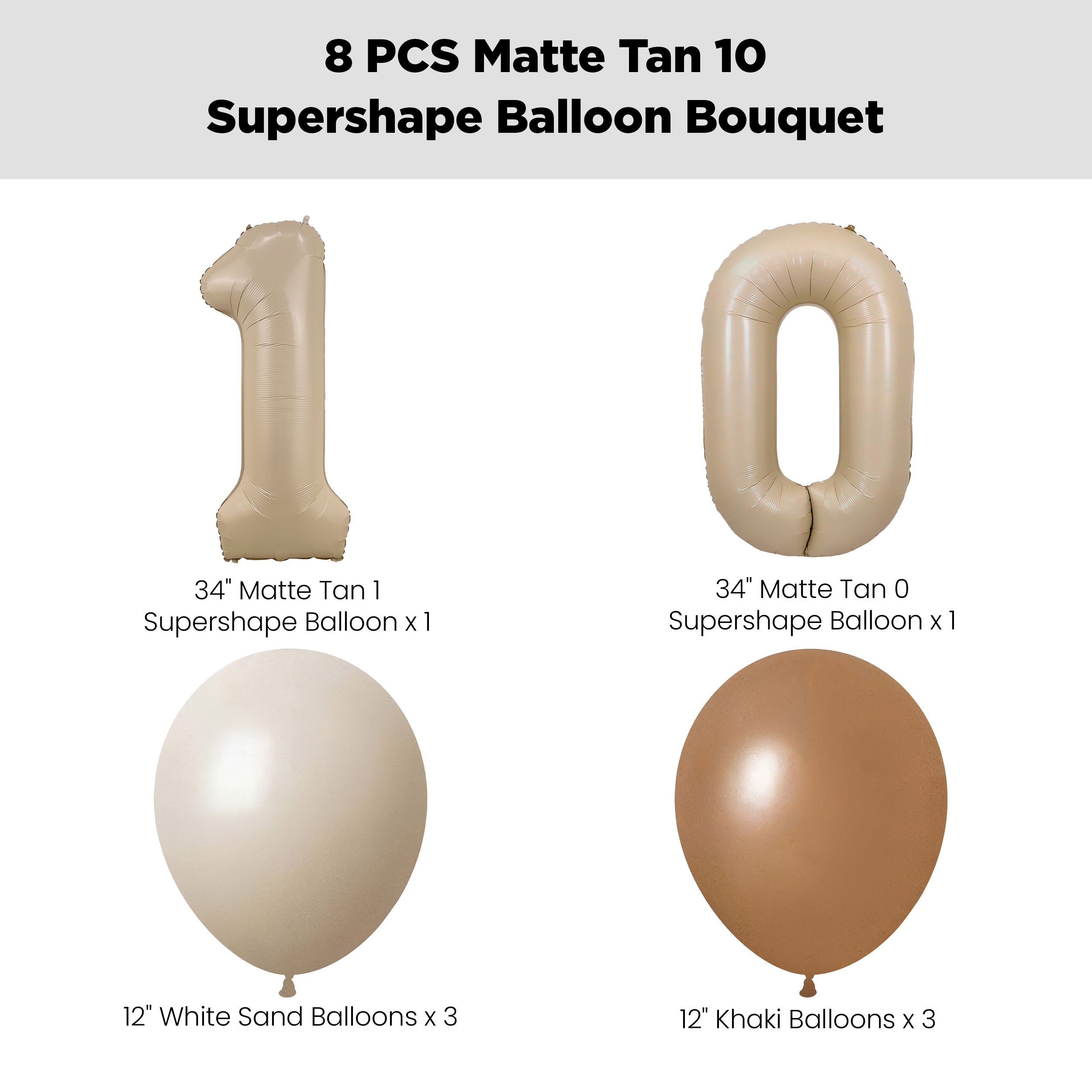 Number 10 Matte Tan Supershape Balloon Bouquet with Latex Balloons, White Sand/Khaki/Chocolate Brown, 8-pk, Helium Inflation & Ribbon Included for Birthday/Special Occasion Front_Flat