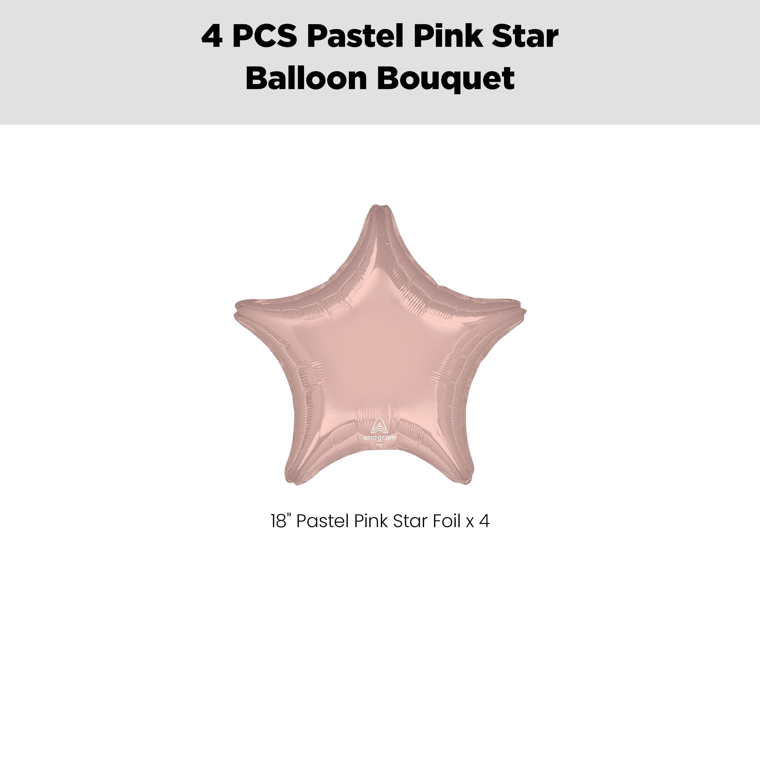 Star Foil Balloon Bouquet, Pastel Pink, 4-pk, Helium Inflation & Ribbon Included for Birthday/Special Occasion Front_Flat