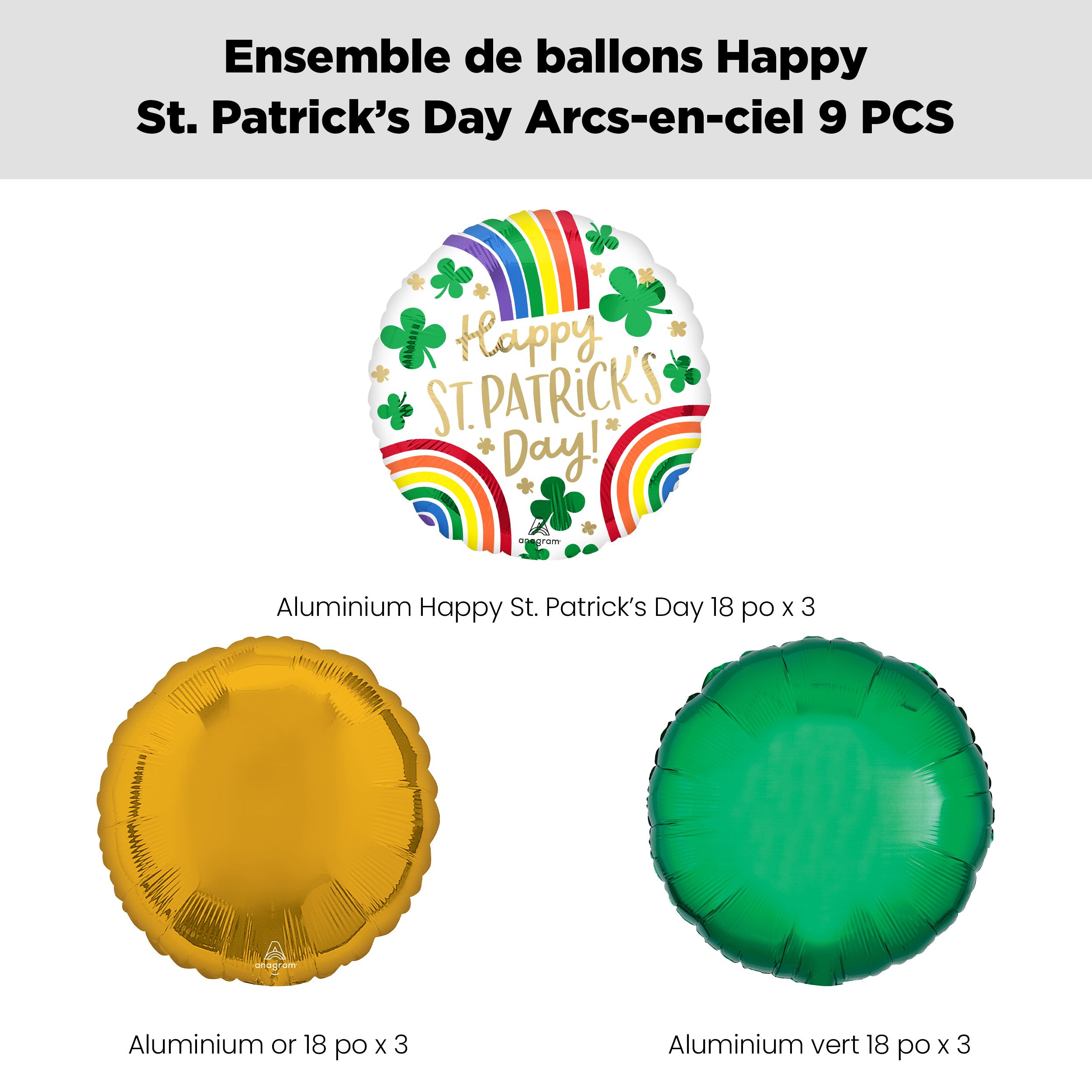 Bouquet de ballons «&nbsp;Happy St. Patrick's Day!&nbsp;» arc-en-ciel avec ballons ronds en aluminium, vert/doré, paq. 9, gonflage à l'hélium et ruban inclus Front_Flat