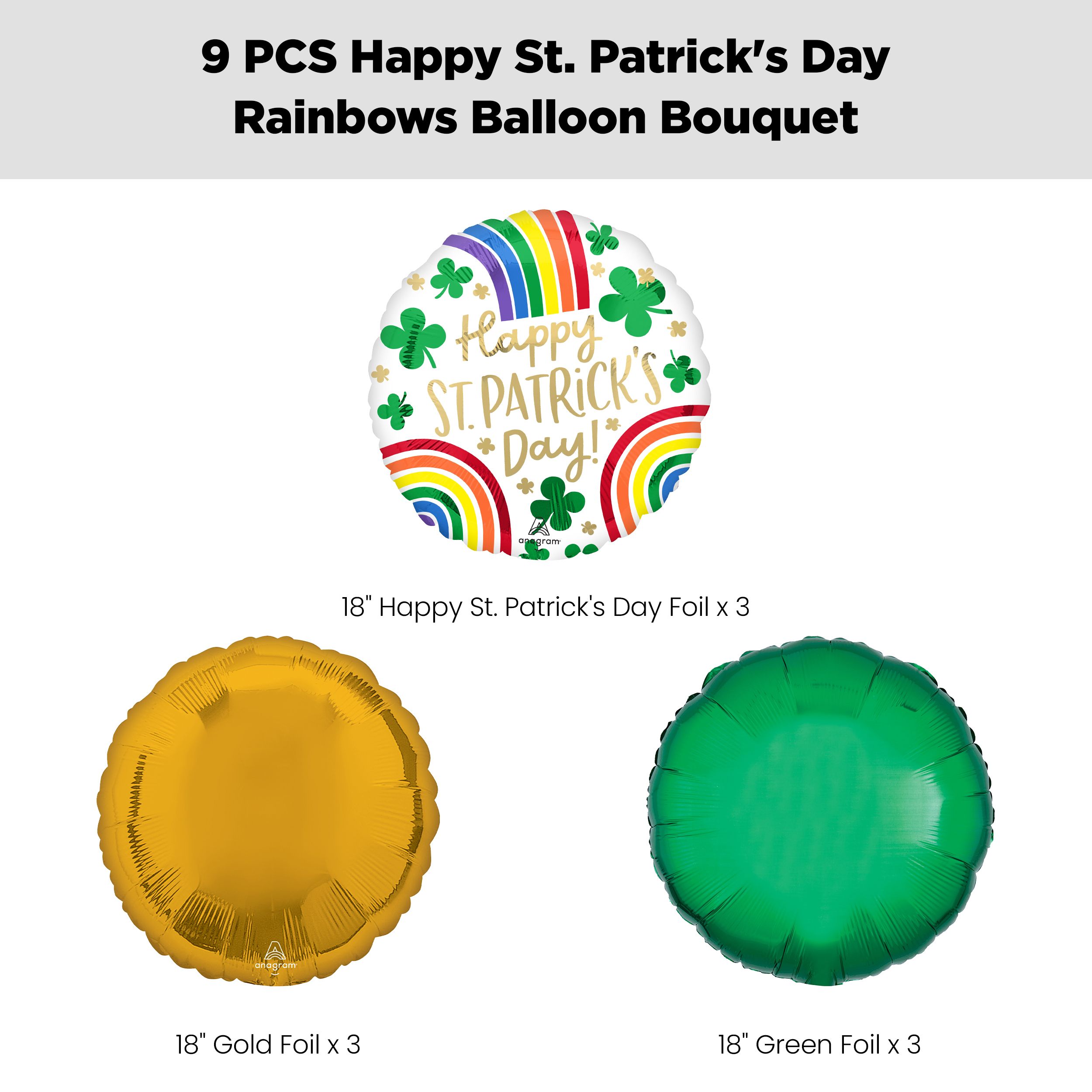 "Happy St. Patrick's Day!" Rainbows Balloon Bouquet with Round Foil Balloons, Green/Gold, 9-pk, Helium Inflation & Ribbon Included Front_Flat