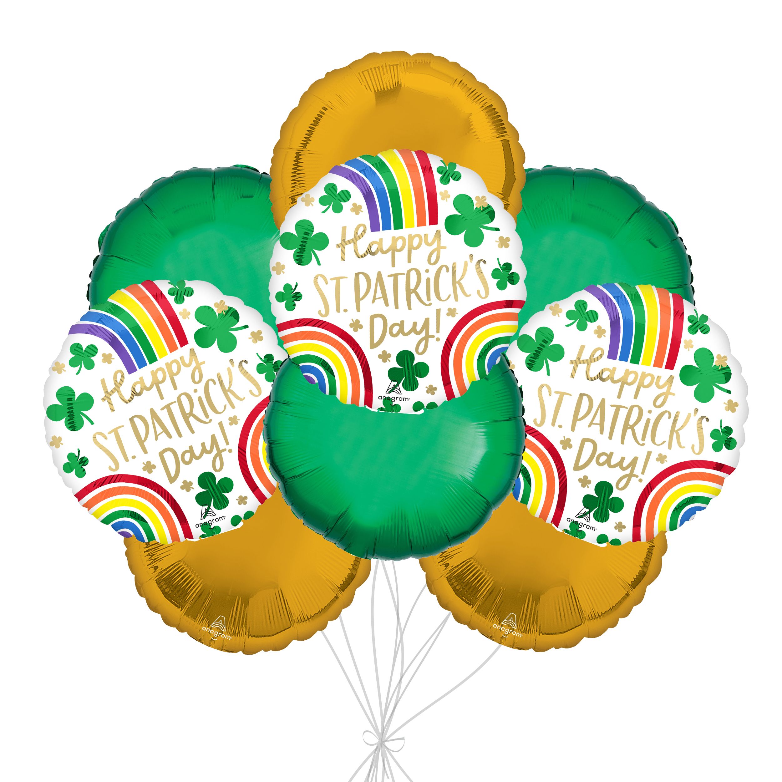 "Happy St. Patrick's Day!" Rainbows Balloon Bouquet with Round Foil Balloons, Green/Gold, 9-pk, Helium Inflation & Ribbon Included Front_Flat