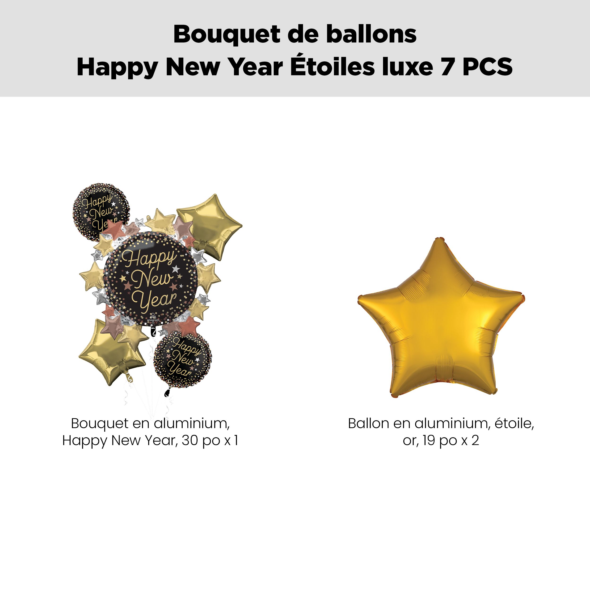 Bouquet de ballon de forme extraordinaire Happy New Year avec ballons en aluminium en forme d'étoile, doré, paq. 7, gonflage à l'hélium et ruban inclus Front_Flat