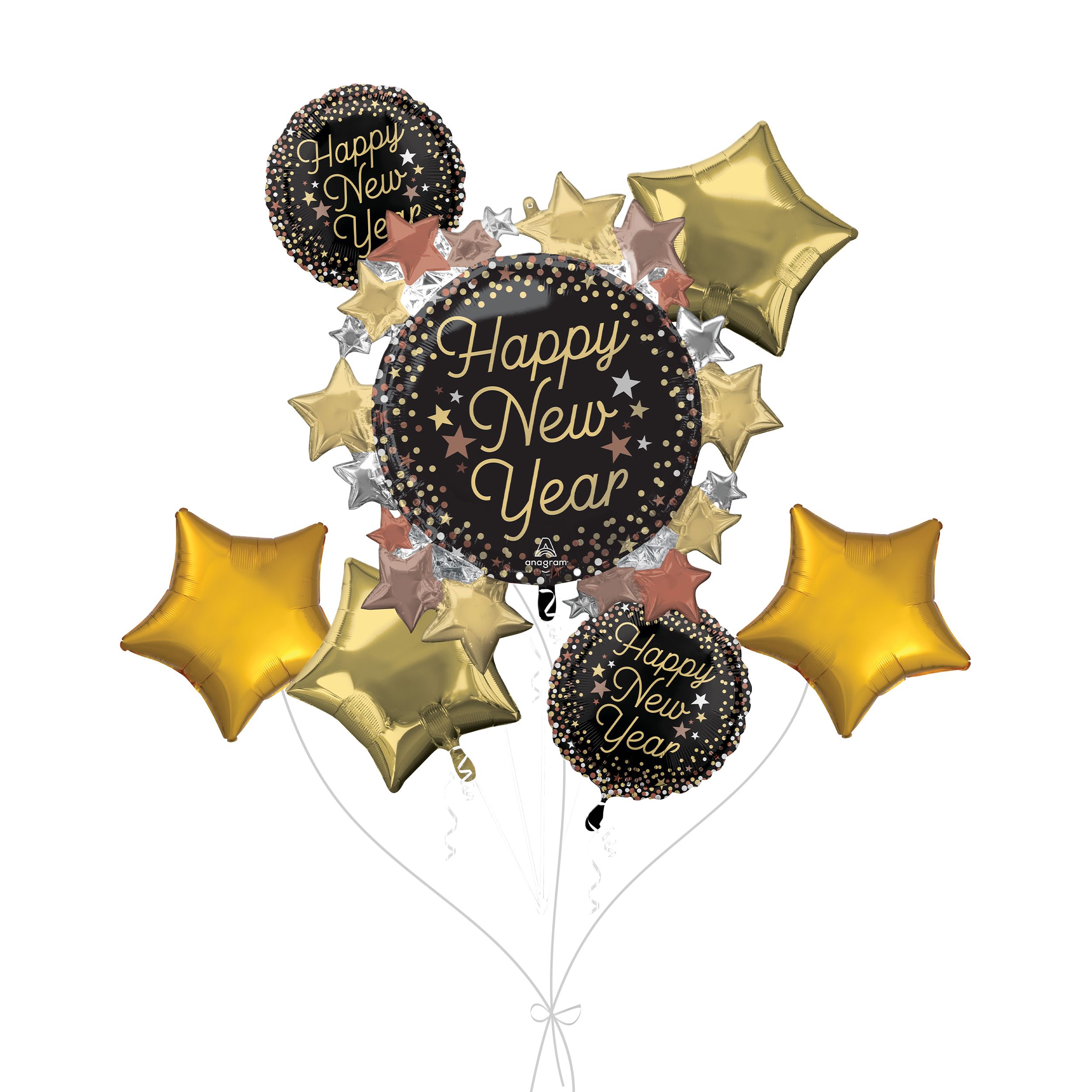 "Happy New Year" Luxe Stars Supershape Balloon Bouquet with Star Foil Balloons, Gold, 7-pk, Helium Inflation & Ribbon Included Front_Flat