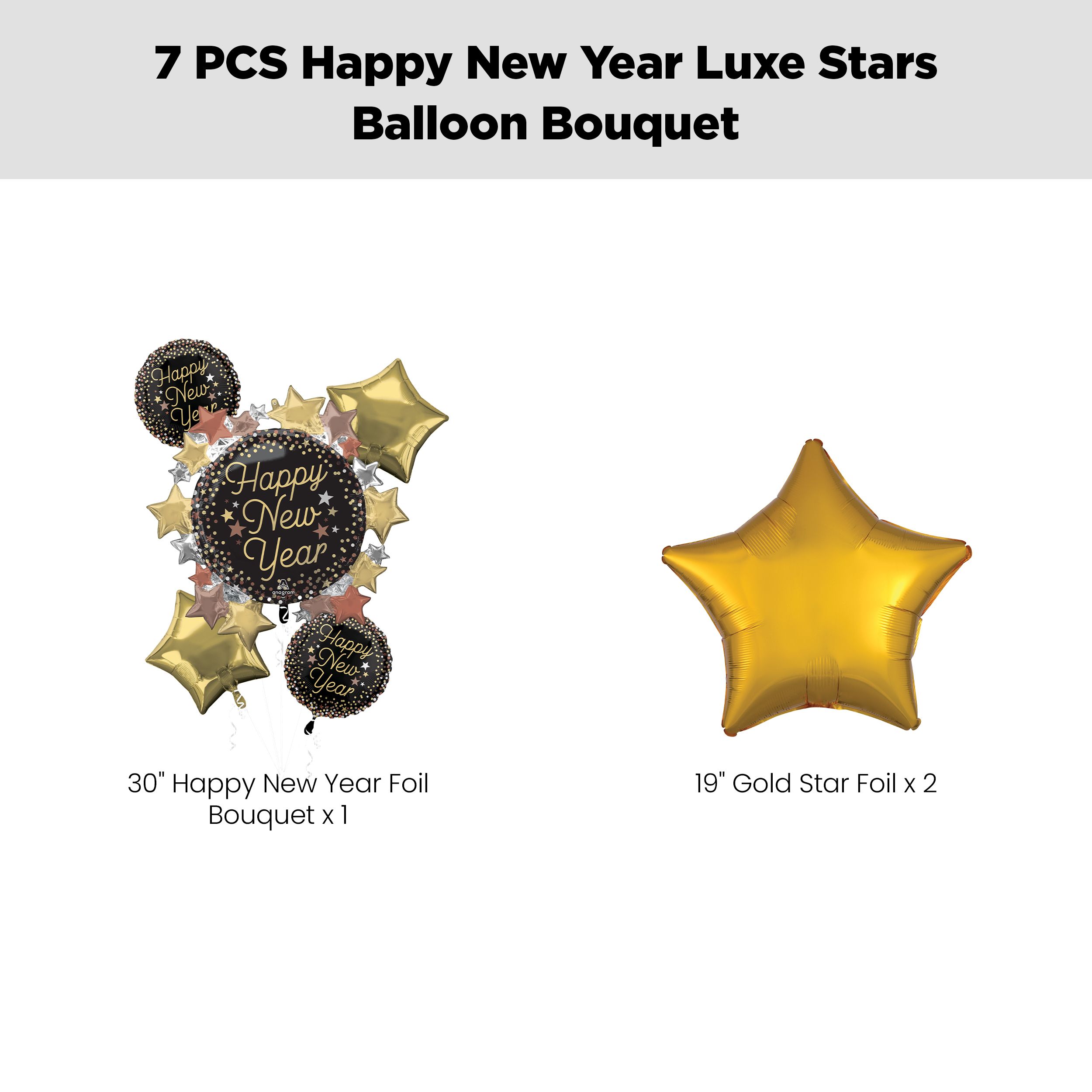 "Happy New Year" Luxe Stars Supershape Balloon Bouquet with Star Foil Balloons, Gold, 7-pk, Helium Inflation & Ribbon Included Front_Flat