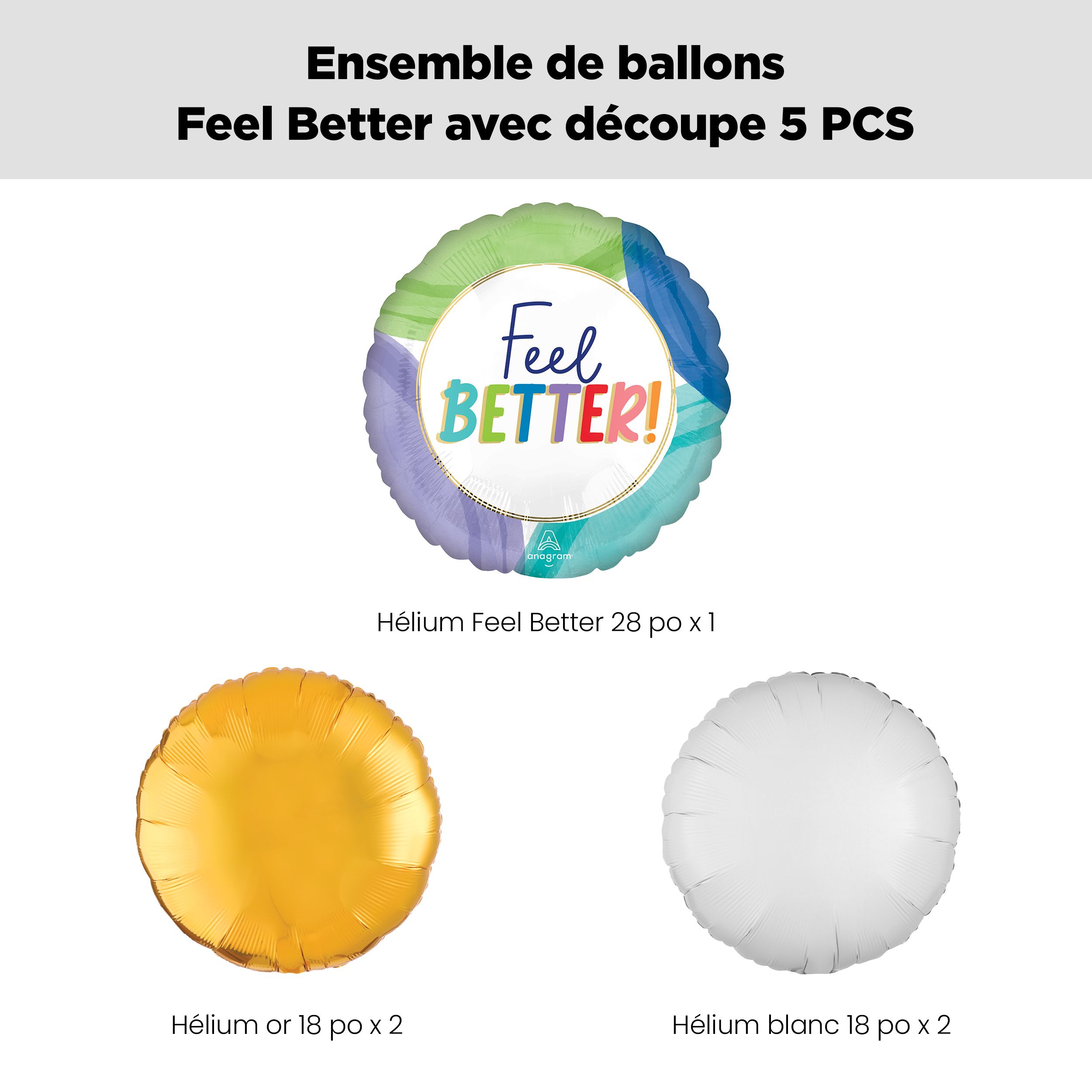 Bouquet de ballons ronds géants métalliques satinés Feel Better avec ballons métalliques, multicolore, paq. 5, gonflage à l’hélium et ruban inclus Front_Flat