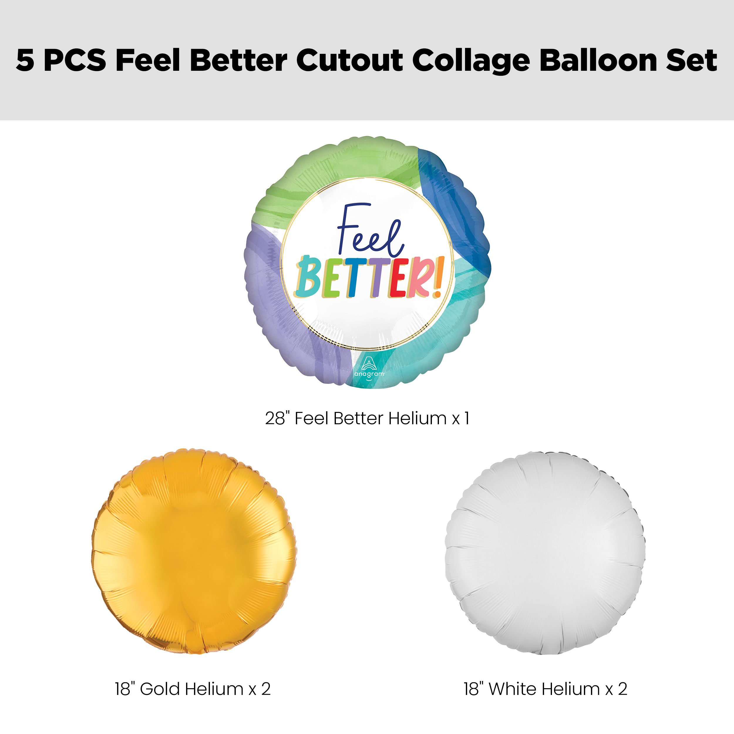 "Feel Better" Round Jumbo Satin Foil Balloon Bouquet with Foil Balloons, Multi-Coloured, 5-pk, Helium Inflation & Ribbon Included Front_Flat