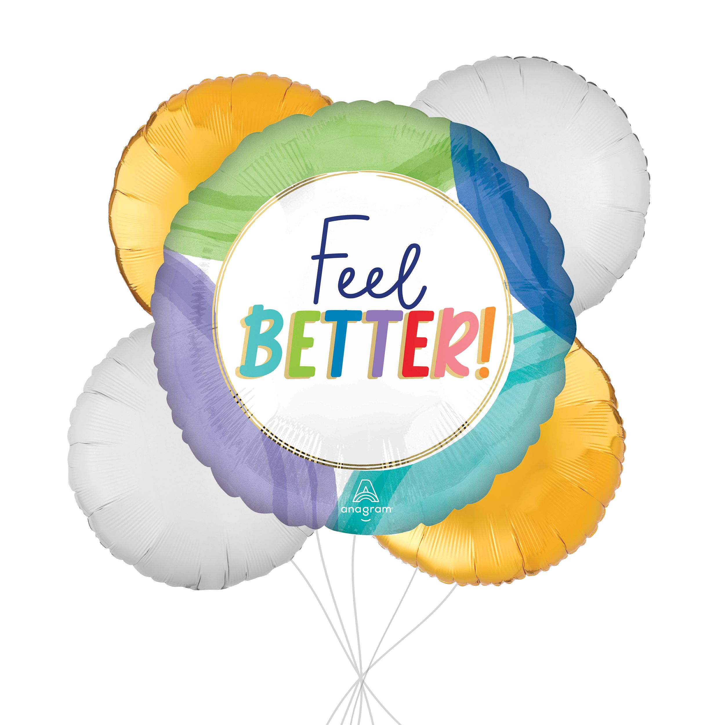 "Feel Better" Round Jumbo Satin Foil Balloon Bouquet with Foil Balloons, Multi-Coloured, 5-pk, Helium Inflation & Ribbon Included Front_Flat