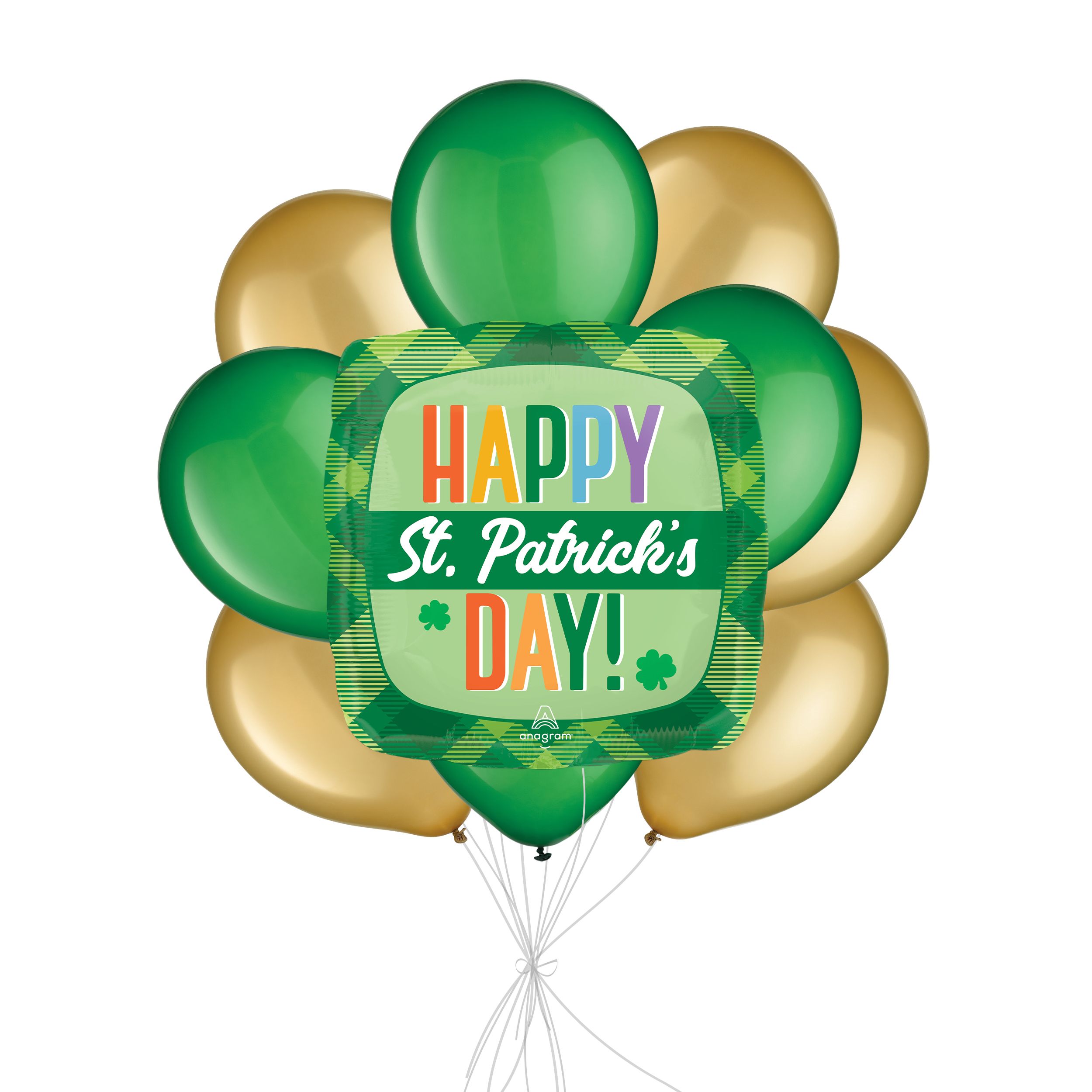 “Happy St. Patrick's Day!” Plaid Balloon Bouquet with Latex Balloons, Green/Gold, 10-pk, Helium Inflation & Ribbon Included Front_Flat