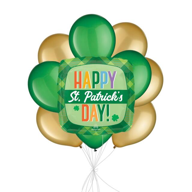 Happy St. Patrick's Day! Bouquet de ballons à motif écossais avec ballons en latex, vert/doré, paq. 10, gonflement à l'hélium et ruban inclus Front_Flat