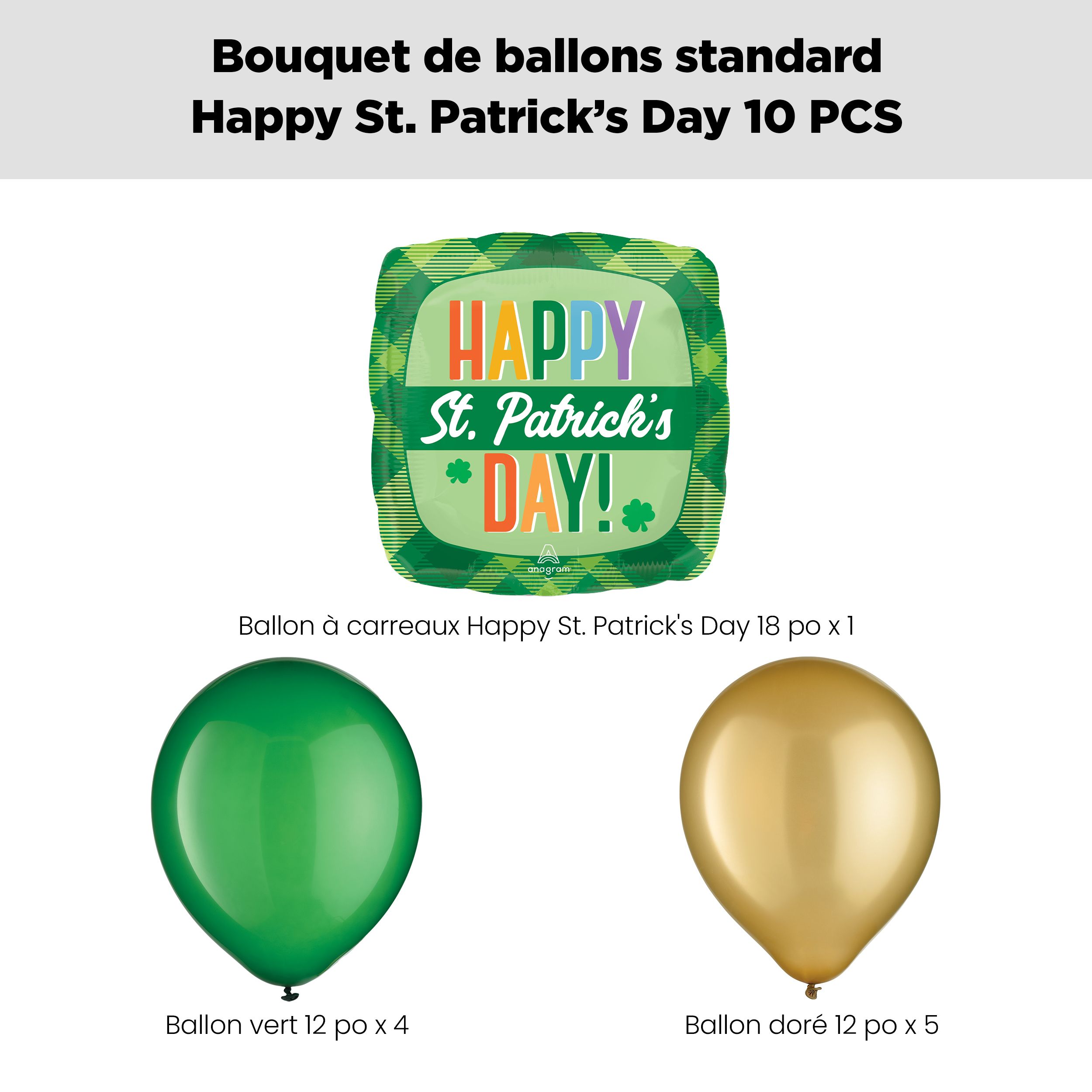Happy St. Patrick's Day! Bouquet de ballons à motif écossais avec ballons en latex, vert/doré, paq. 10, gonflement à l'hélium et ruban inclus Front_Flat