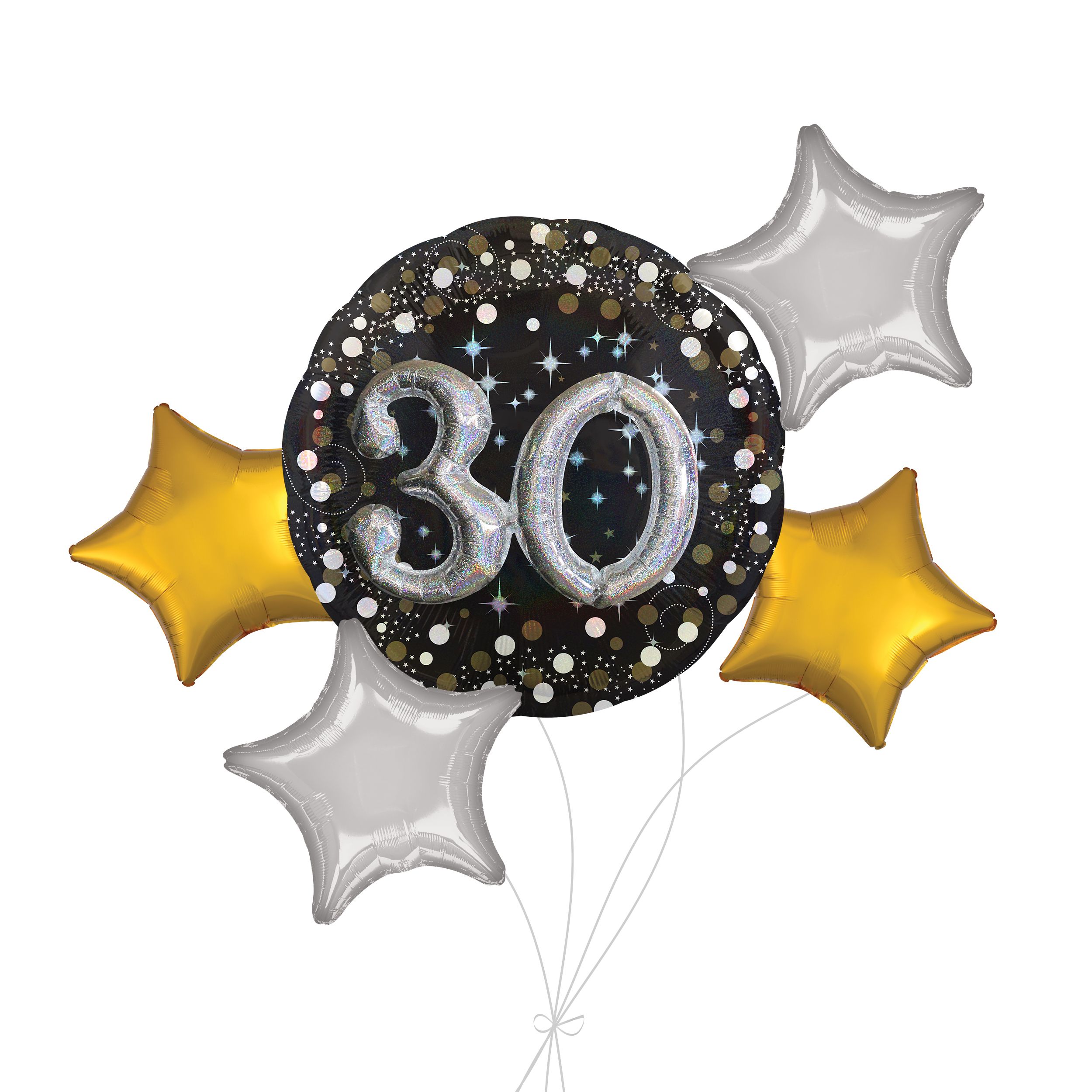 "30" 3D Sparkling Birthday Jumbo Balloon Bouquet with Star Foil Balloons, Gold/Silver, 5-pk, Helium Inflation & Ribbon Included Front_Flat