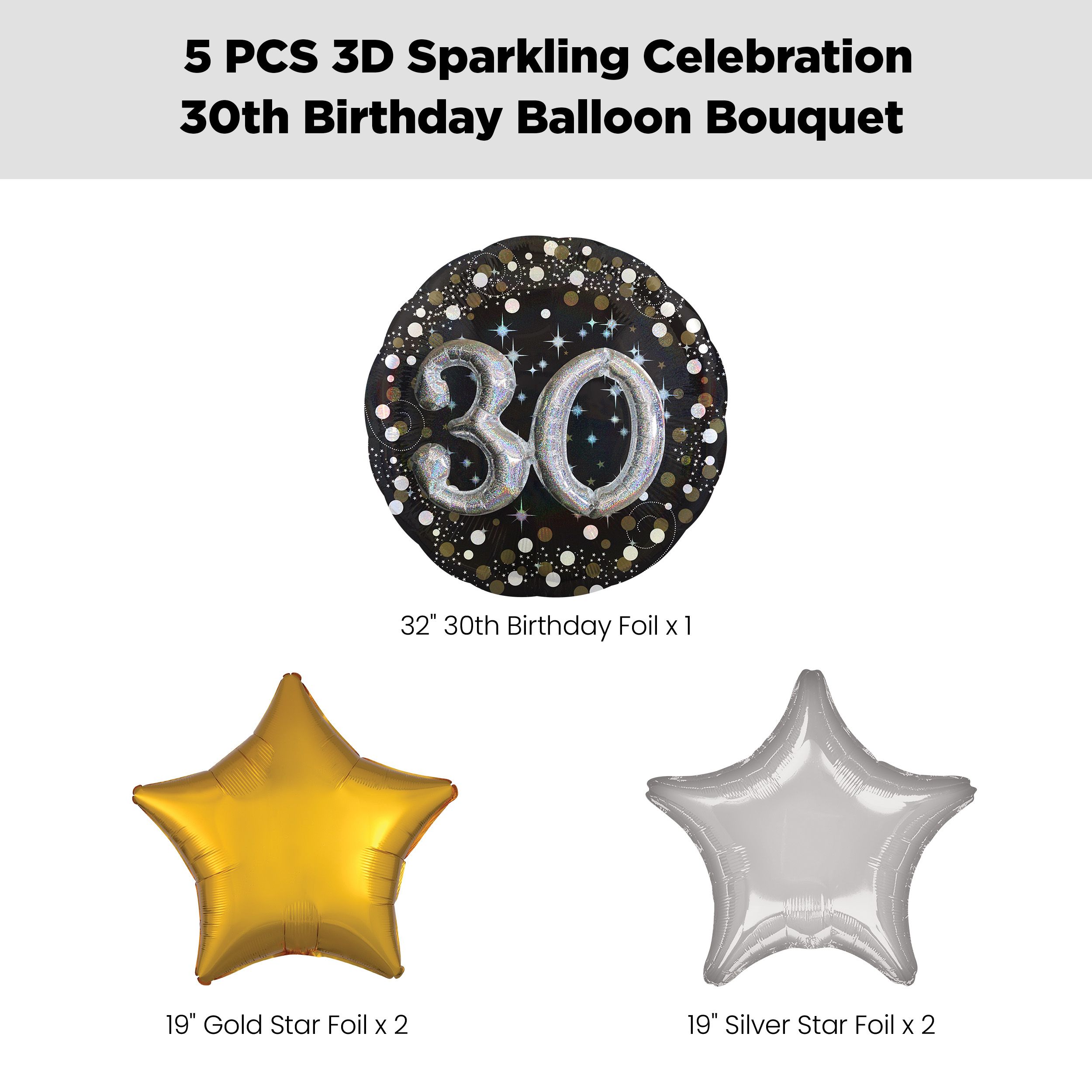 "30" 3D Sparkling Birthday Jumbo Balloon Bouquet with Star Foil Balloons, Gold/Silver, 5-pk, Helium Inflation & Ribbon Included Front_Flat