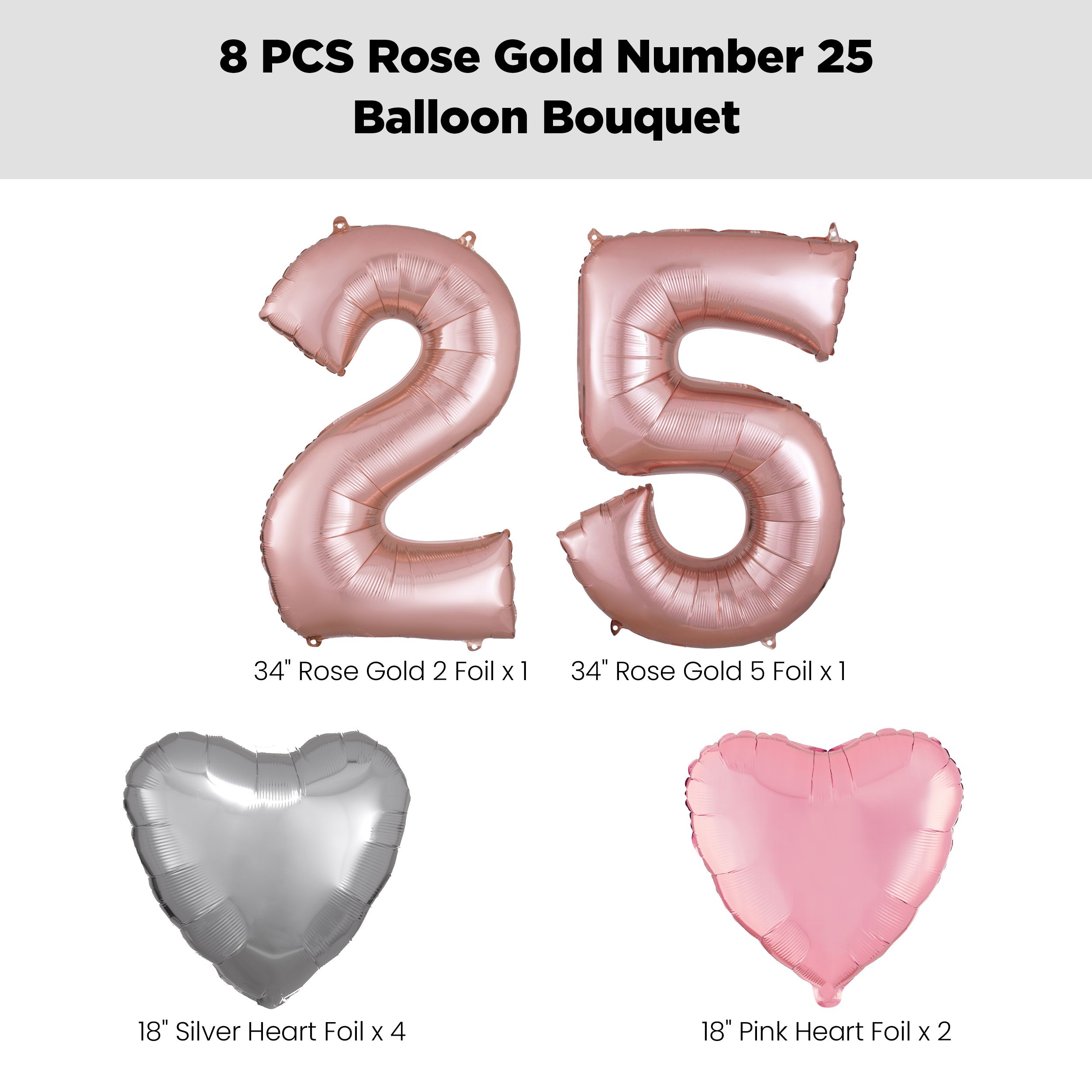 Number "25" Rose Gold Balloon Bouquet with Heart Foil Balloons, Silver/Pink, 8-pk, Helium Inflation & Ribbon Included for Birthday/Anniversary Front_Flat