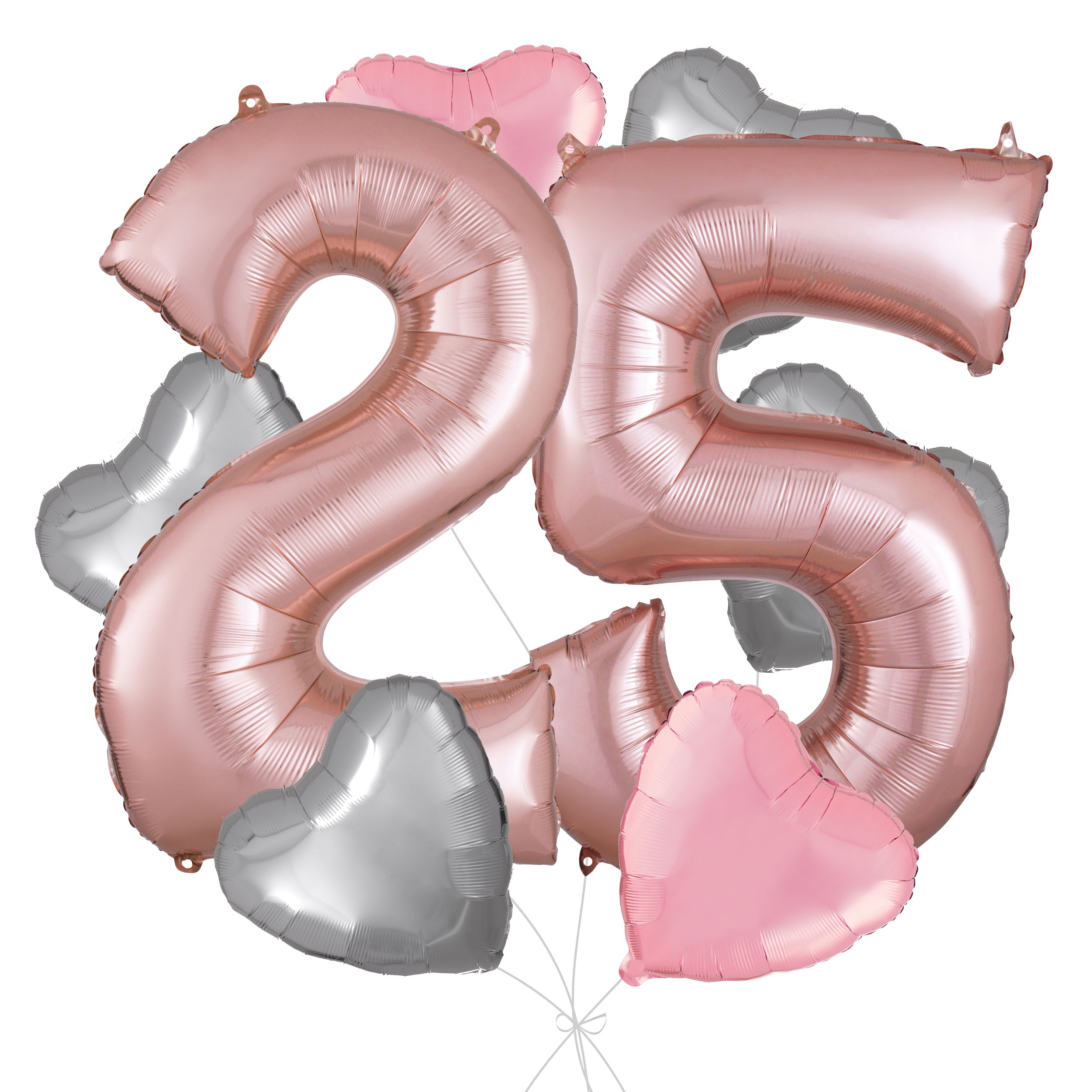 Number "25" Rose Gold Balloon Bouquet with Heart Foil Balloons, Silver/Pink, 8-pk, Helium Inflation & Ribbon Included for Birthday/Anniversary Front_Flat