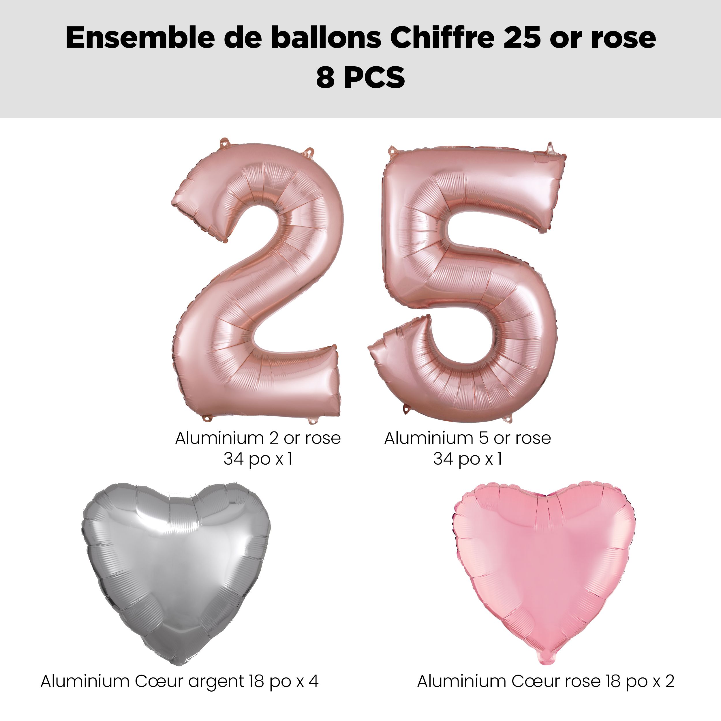 Bouquet de ballons, chiffre 25 or rose avec ballons en aluminium en forme de coeur, argent/rose, paq. 8, gonflage à l'hélium et ruban inclus pour anniversaire Front_Flat